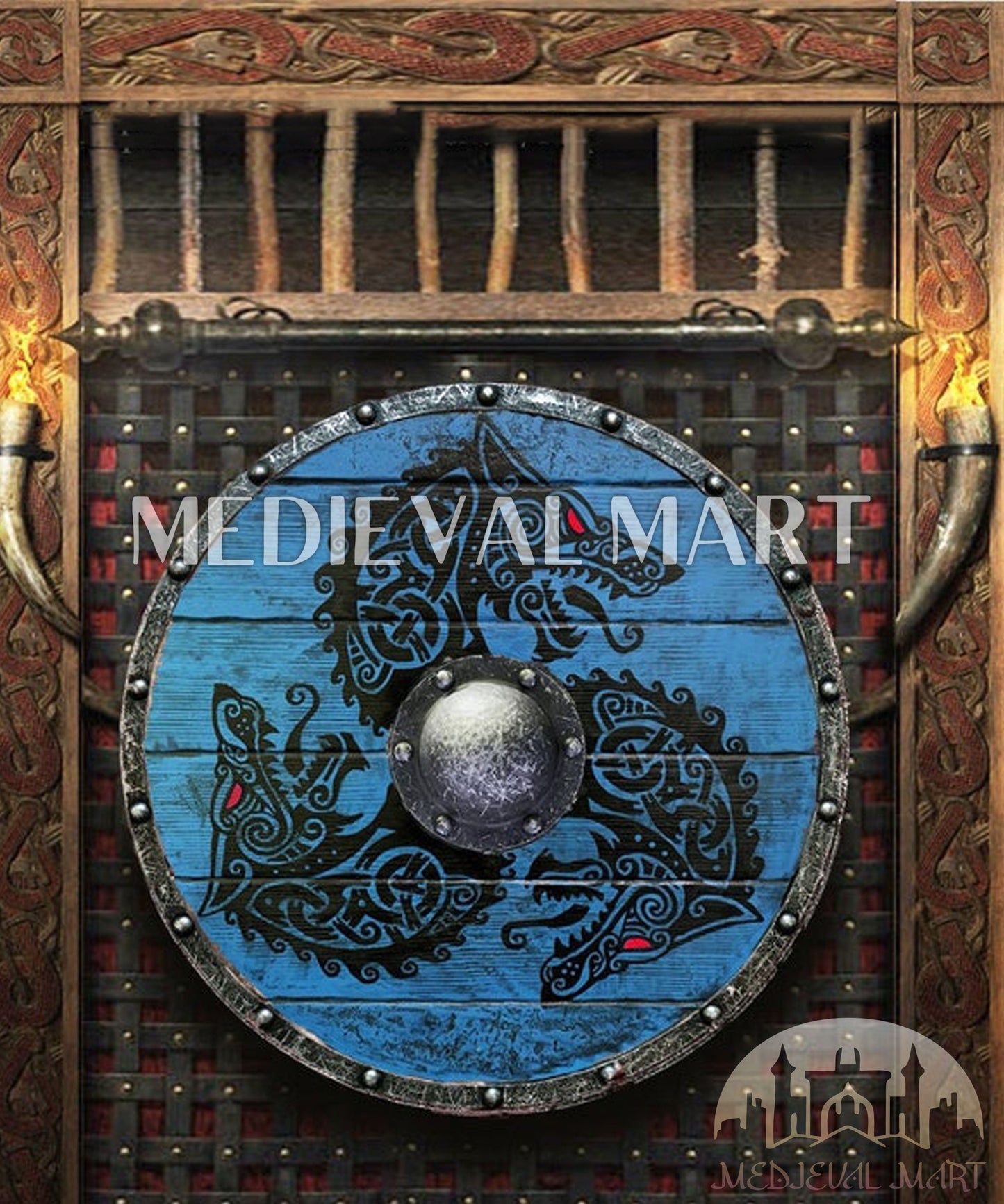 MEDIEVALMART Viking's Fenrir Blue Athena’s Authentic Battleworn Viking Wooden Shield | Gifts For Dad