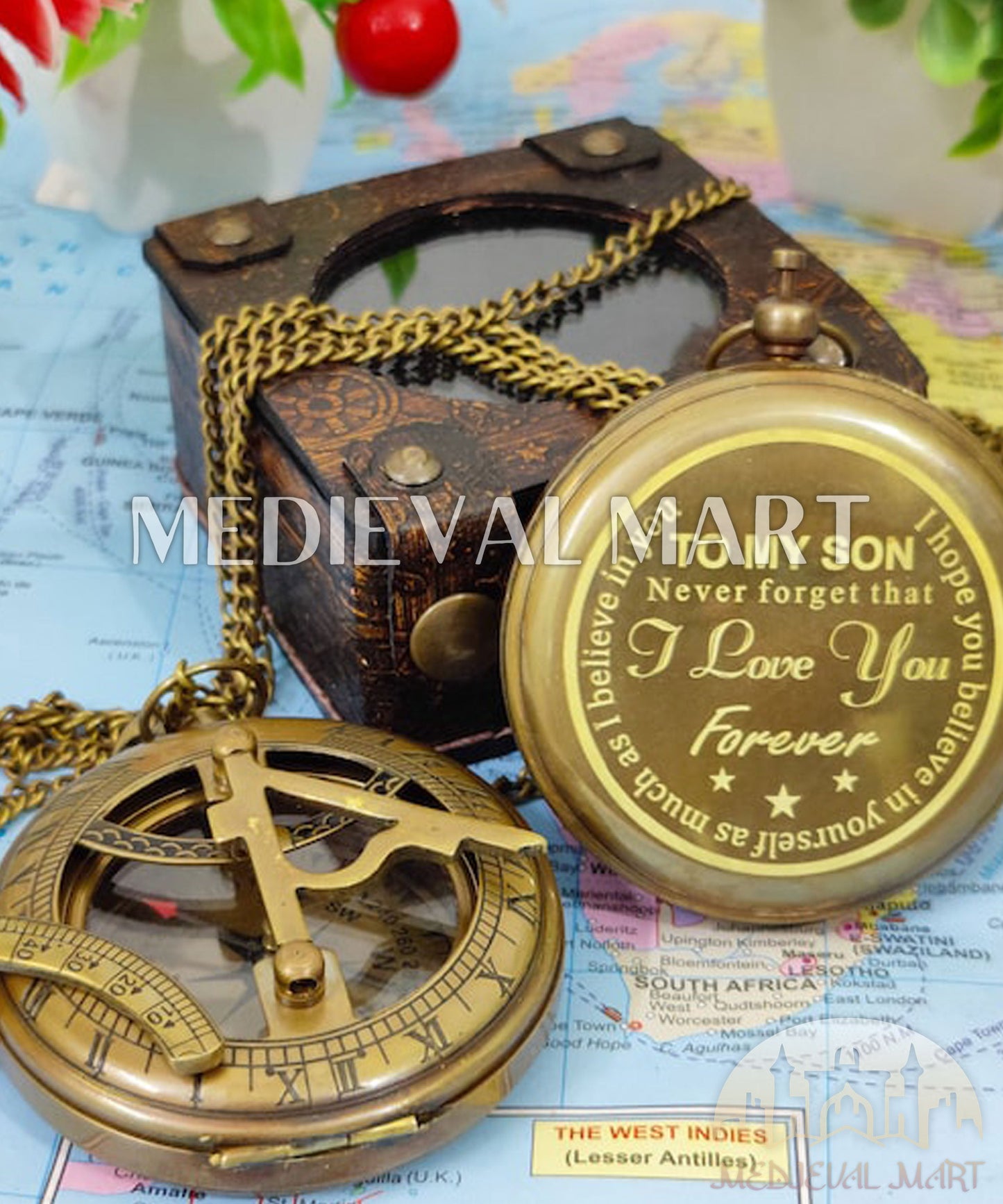 MEDIEVALMART Nautical Vintage Brass Sundial Pocket Compass Gold Finish W/H Gen-3 Pandora Case | Gift For Mom & Dad