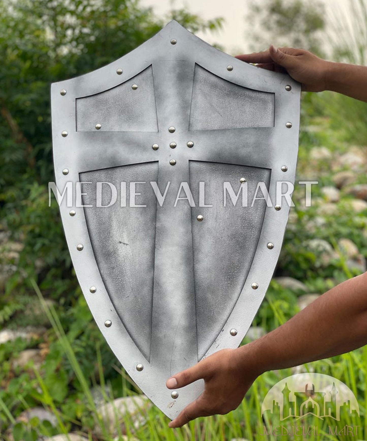 MEDIEVALMART Medieval Templar Salebi Cross Inspired Wooden Shield Black & Siver Finish | Gift for Christmas Day