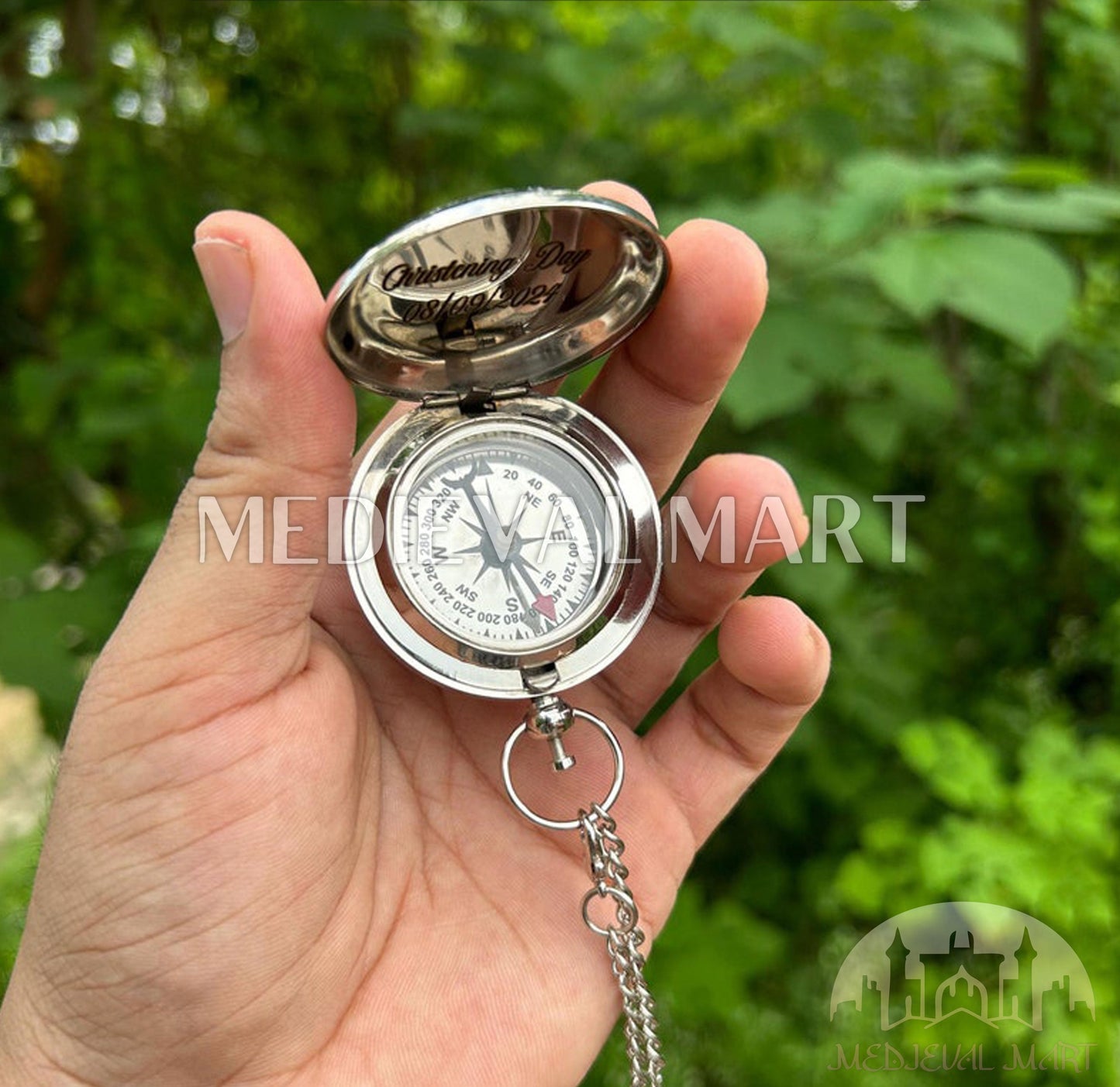 MEDIEVALMART Engraved Minimalist Marine Pocket Cute Compass Chrome Finish W/H Gen-2 Wooden Case | Gift For Her