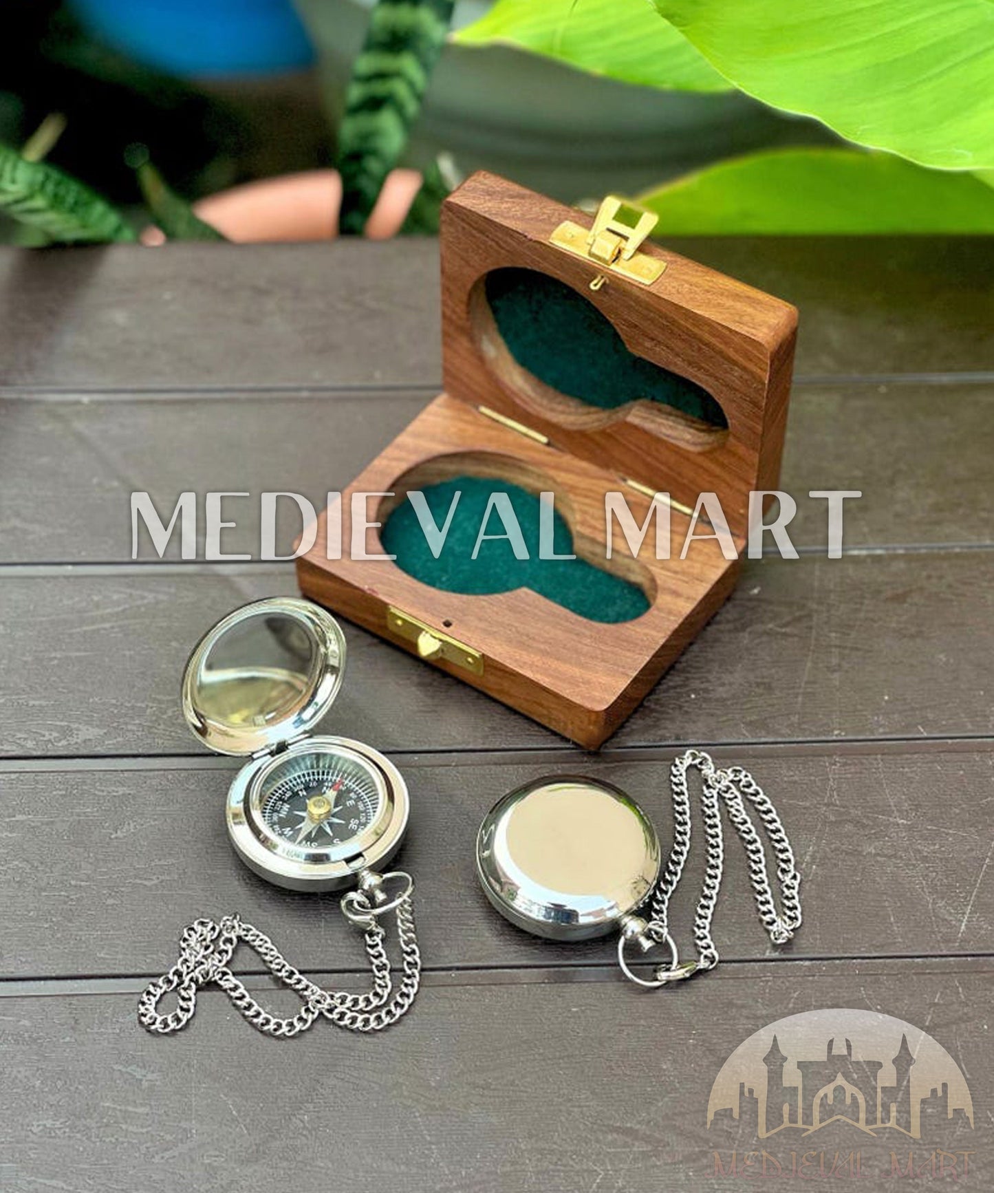 MEDIEVALMART Chrome Plate Nautical Engrave Locket Compass Silver Finish W/H Gen-2 Wooden Case | Gift For Mom