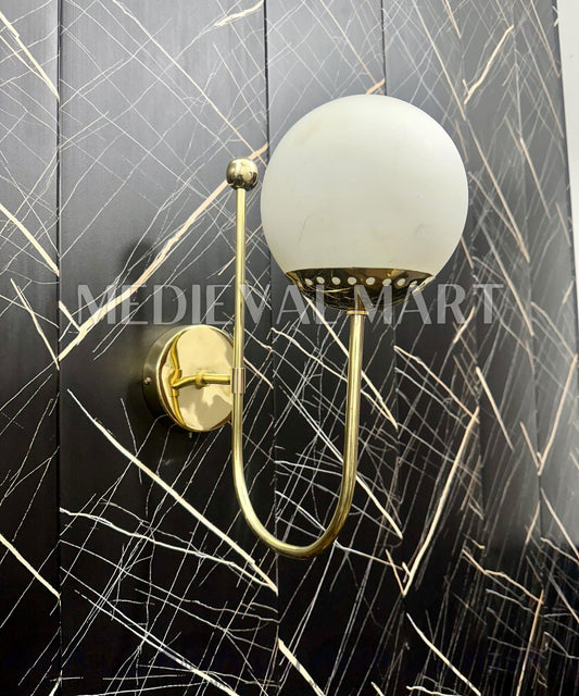 MEDIEVALMART Handcrafted Brass Milky Ball Wall Lamp - Modern Home Lighting