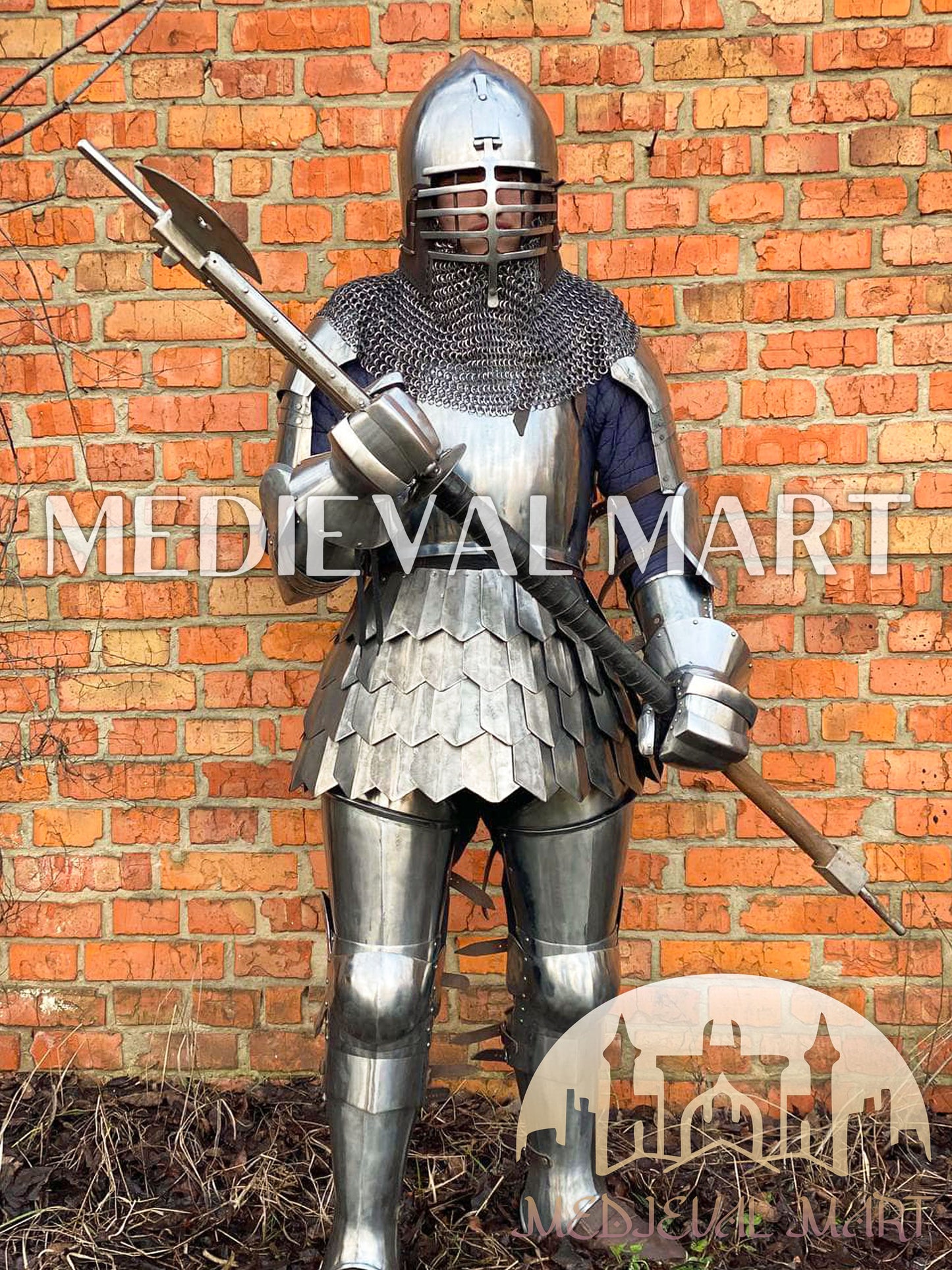 MEDIEVALMART 14th Century Knight Crusader-Era Transitional Plate Hybrid Armor W/H Wolf Ribs Bacinet & Pole Arms Hammer