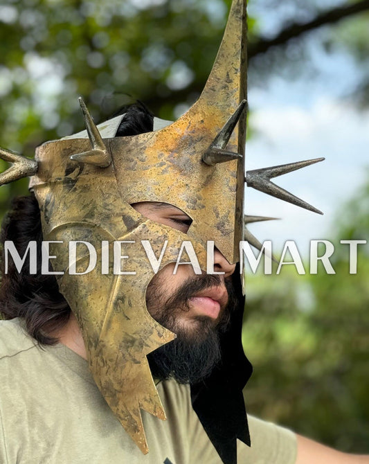MEDIEVALMART Antique Gold Finish Nazgul Helmet W/H Free Stand | LOTR Props
