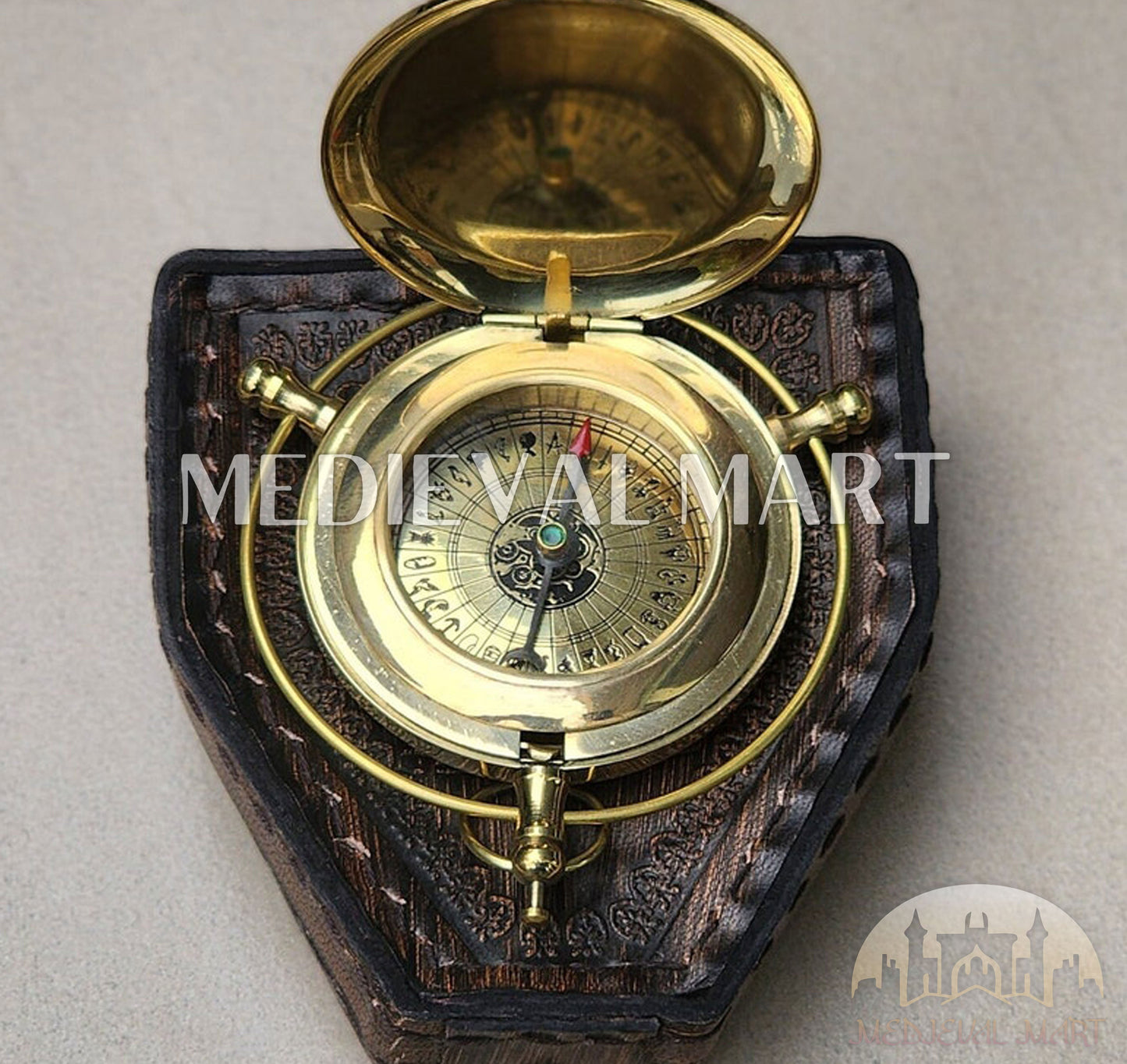 MEDIEVALMART Alethiometer Inspired Engraved Brass Pocket Compass Gold Finish W/H Leather Case | Gift For Mom, Dad