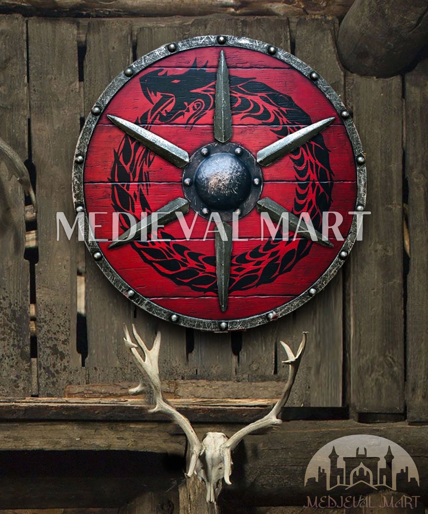 MEDIEVALMART Legendary Viking's RED Ouroboros Battleworn Iconic Viking Wooden Shield | Gifts For Dad