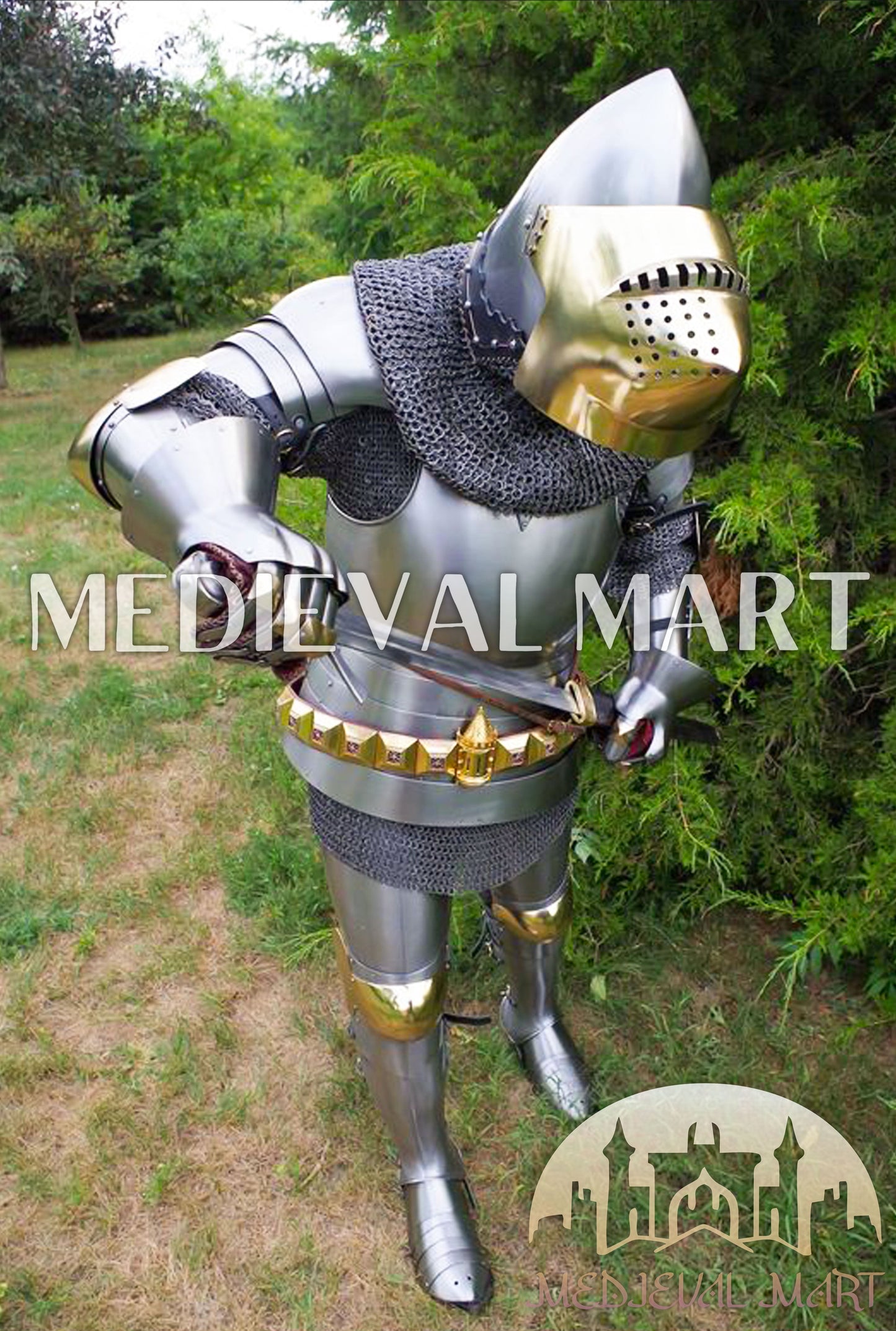MEDIEVALMART Historical Knight Full Body Steel Armor Suit W/H Hundsgugel Helmet, Cuirass Stop Rib or Brass Touch