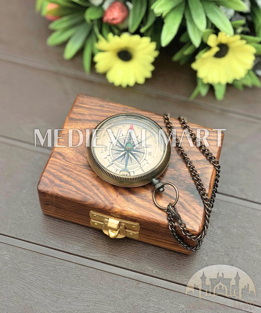 MEDIEVALMART Personalized Antique Finish Locket Compass W/H GEN-2 Custom Wooden Case | Gifts For Her or Mom