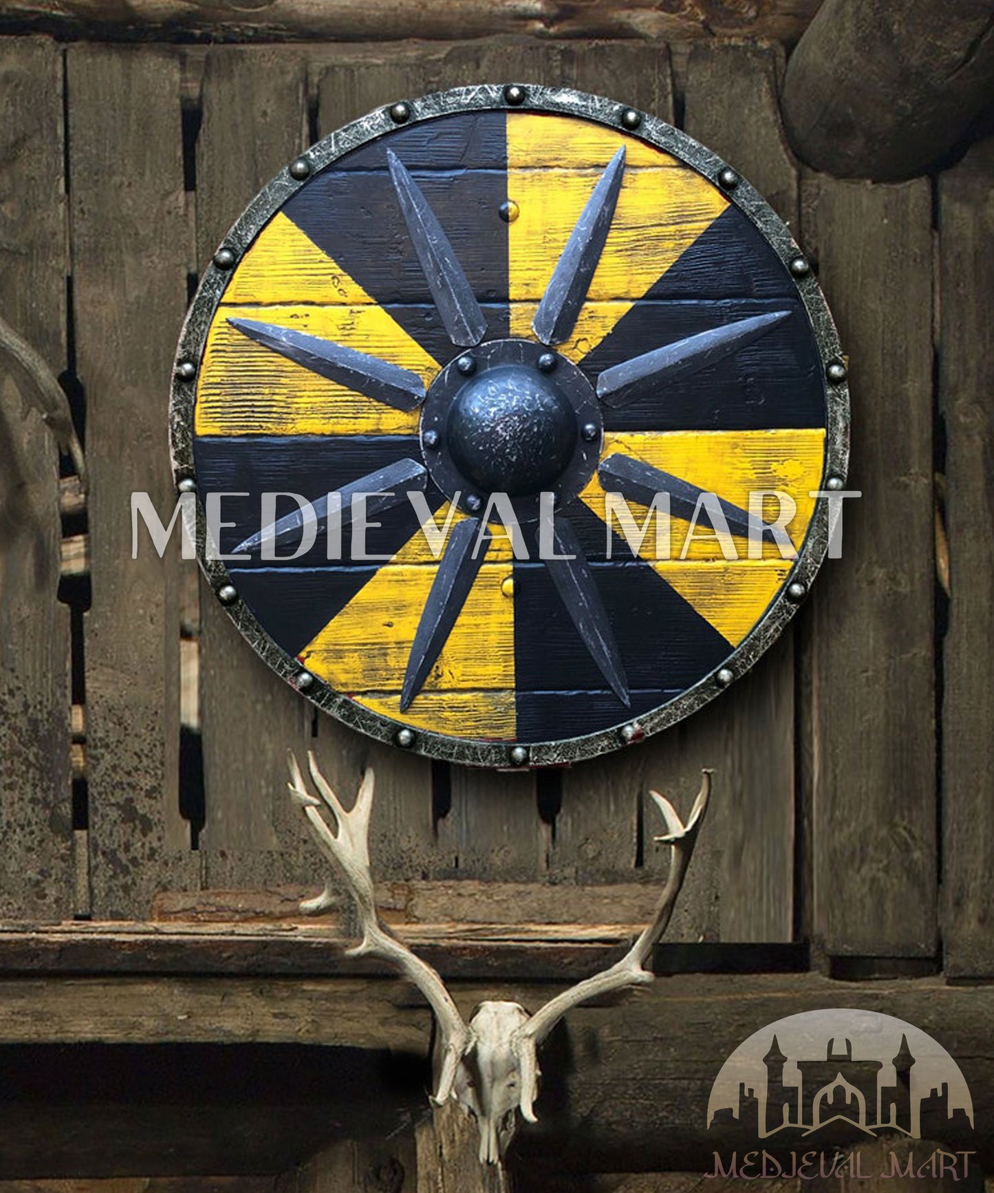 MEDIEVALMART Iconic Viking's Jarl Borg Iron Spikes Battleworn Viking Wooden Shield | Gifts For Dad