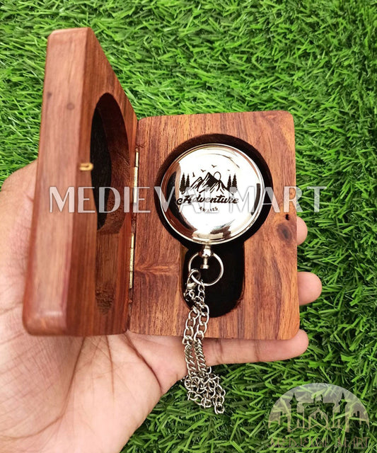 MEDIEVALMART Minimalist Nautical Cute Engrave Pocket Compass Chrome Finish W/H Gen-2 Wooden Case | Gift For Mom