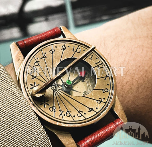 MEDIEVALMART Victorian Steampunk Brass Wrist Compass & Sundial Watch Gold Finish W/H Leather Strap | Gift For Him