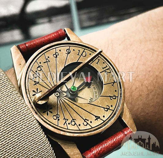 MEDIEVALMART Victorian Steampunk Brass Wrist Compass & Sundial Watch Gold Finish W/H Leather Strap | Gift For Him