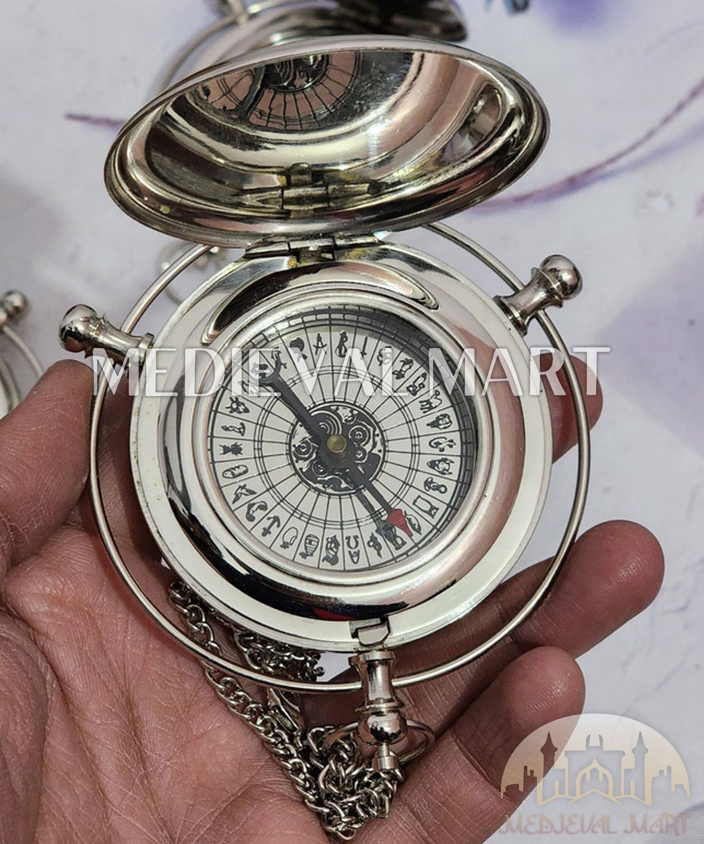 MEDIEVALMART Nautical Custom Engraved Alethiometer Chrome Pocket Compass Chrome Finish W/H Lather Case | Gift For Mom