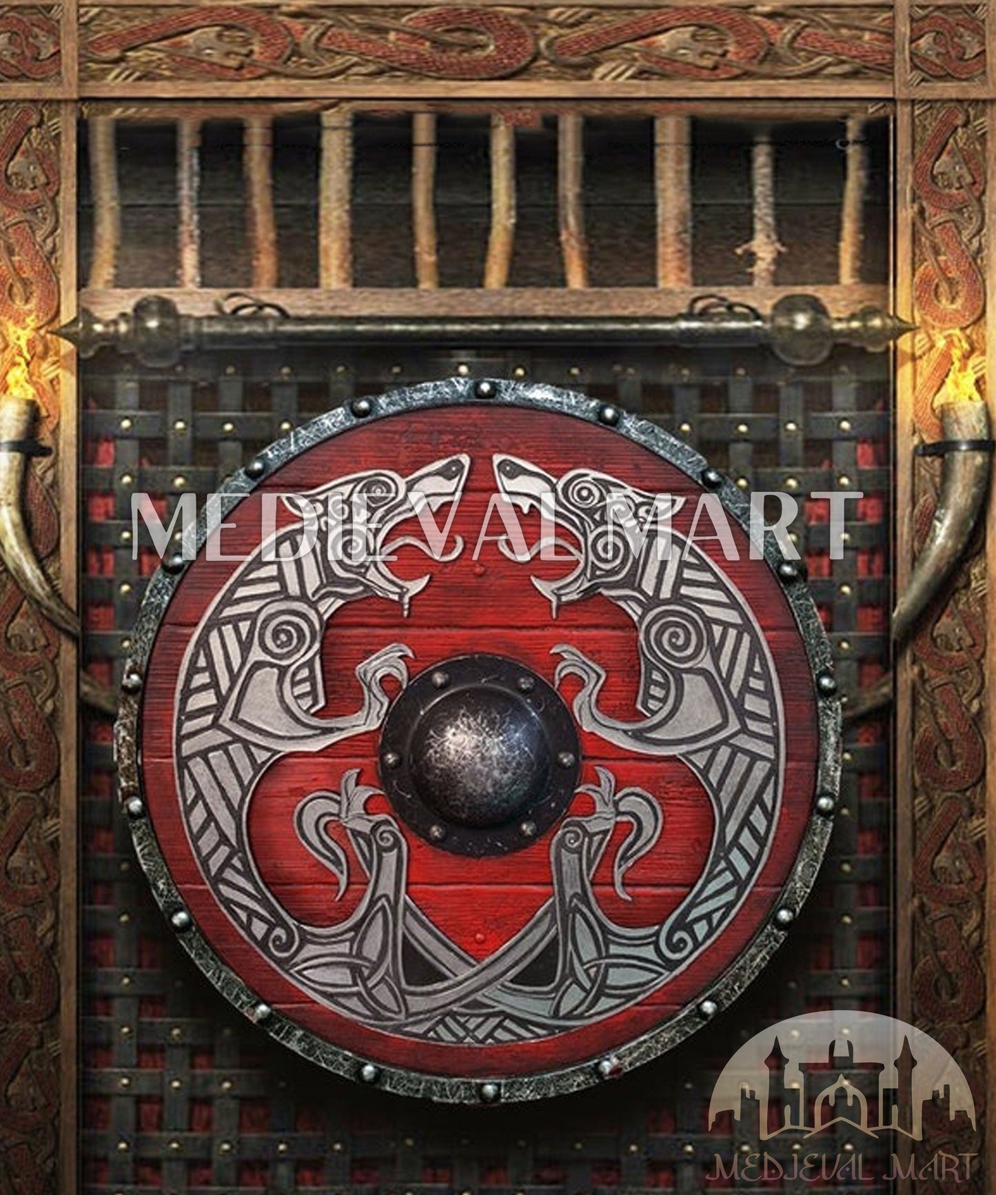 MEDIEVALMART Viking's Valhalla Fenrir 3D Relief Norse Dragon Authentic Battleworn Viking Wooden Shield | Gifts For Dad