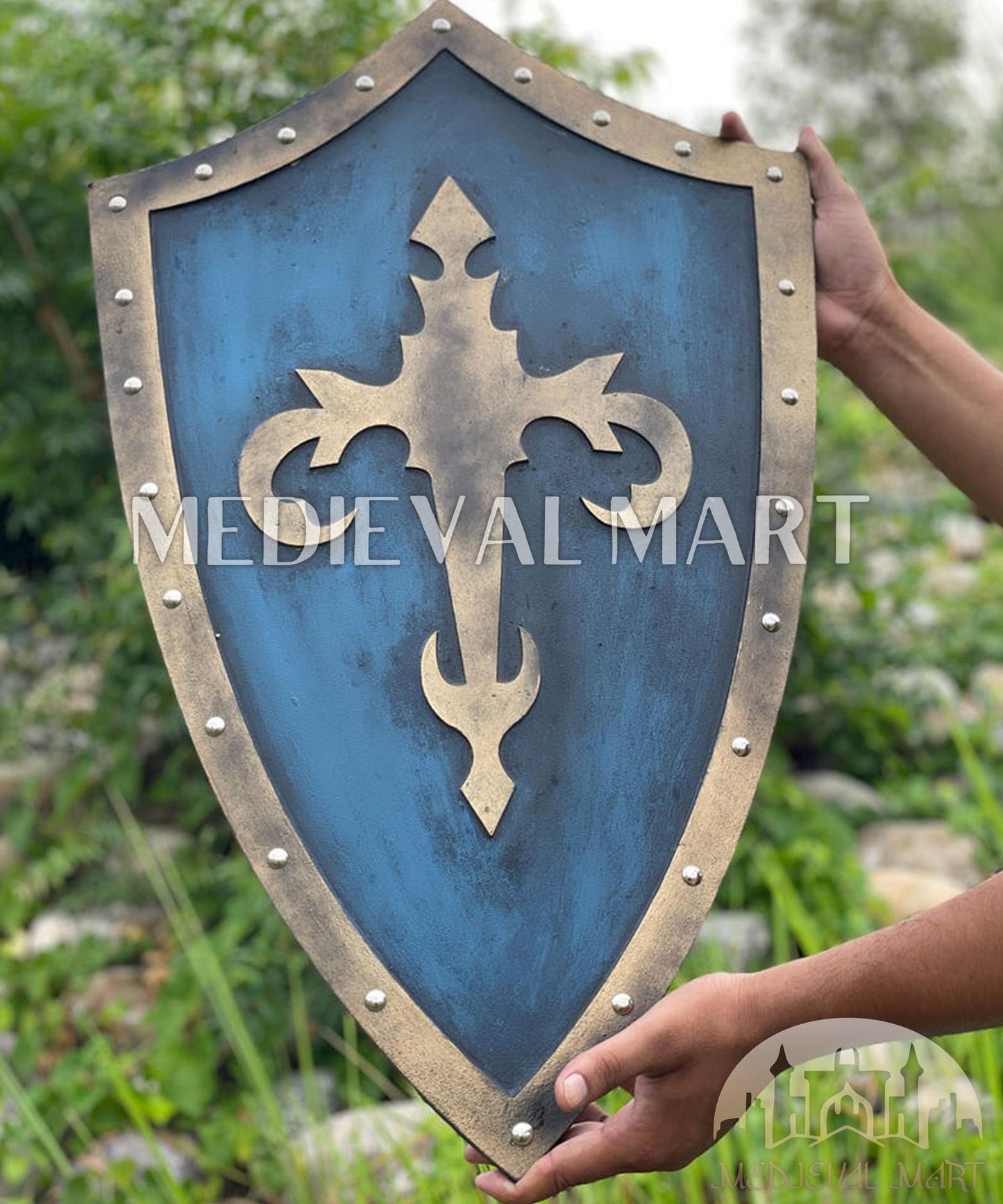 MEDIEVALMART Medieval Templar Devil Zelda Cross Inspired Wooden Shield Bliue & Gold Finish | Gift for Christmas Day