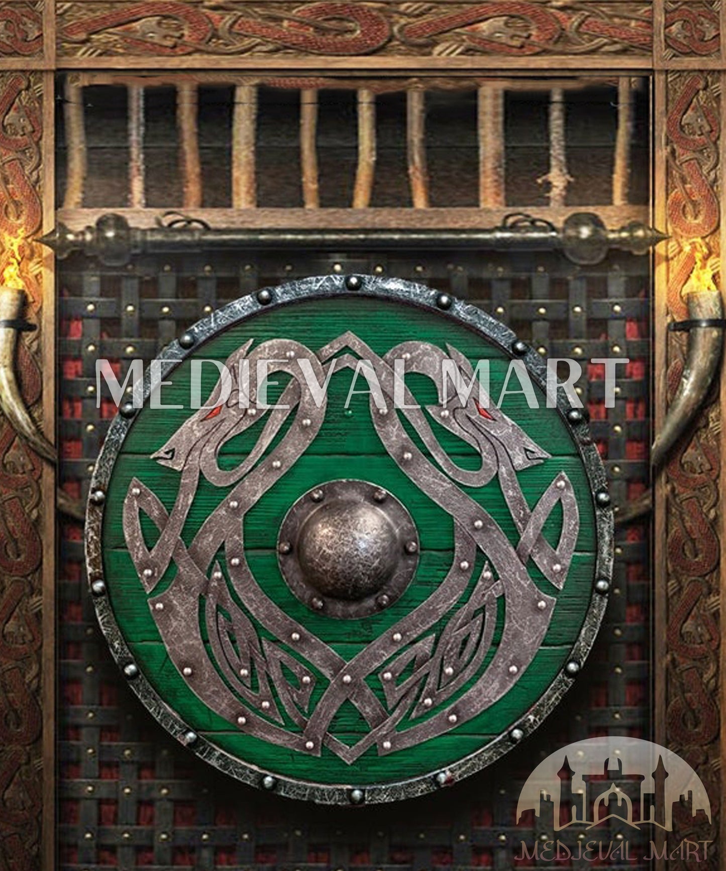 MEDIEVALMART Valhalla GREEN Sea Dragon Jörmungandr Authentic Battleworn Viking Wooden Shield | Gifts For Dad