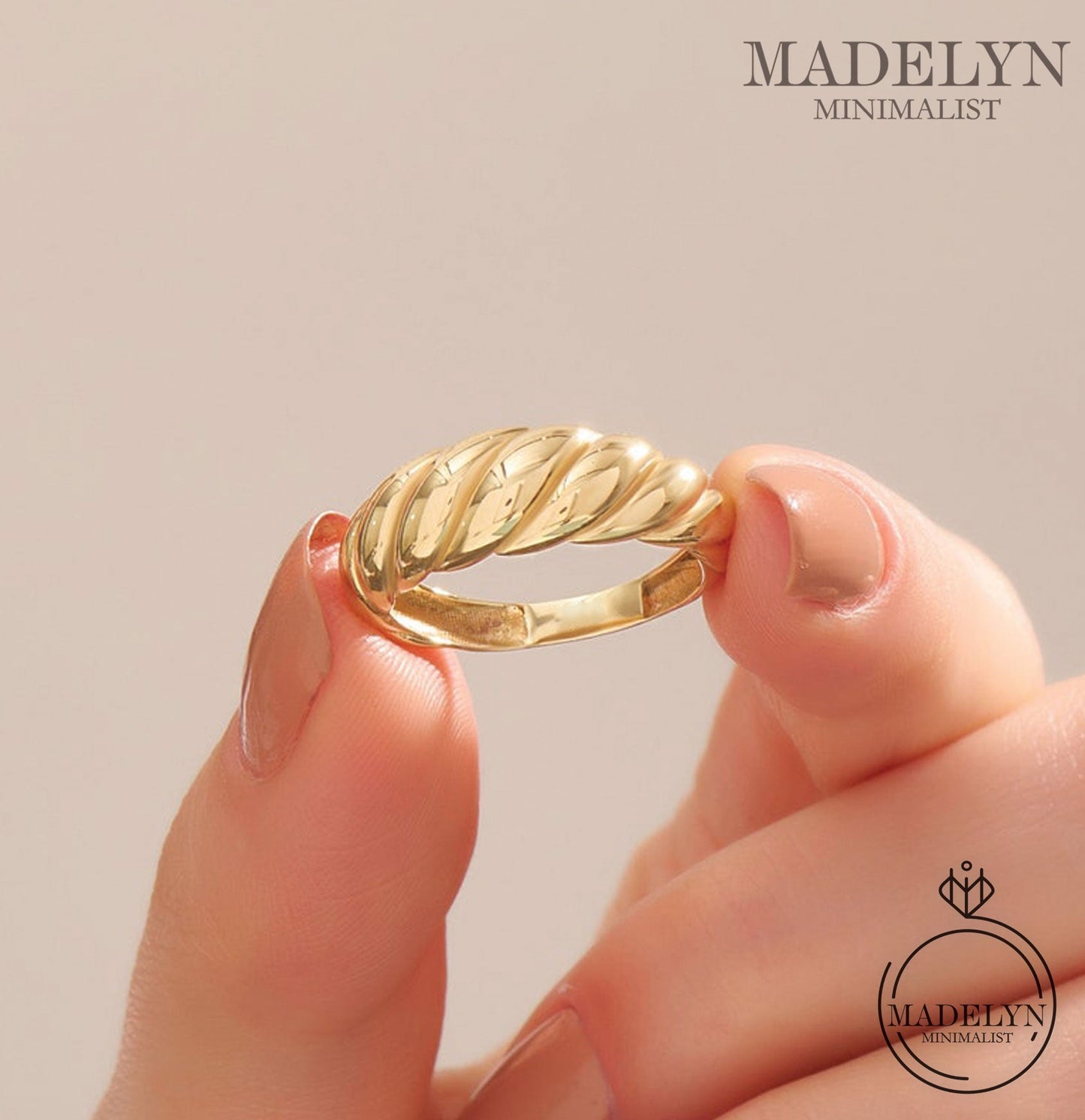 MADELYN MINIMALIST 14k Solid Gold Minimalist French Croissant Twisted Dome Ring | Gift for Mom