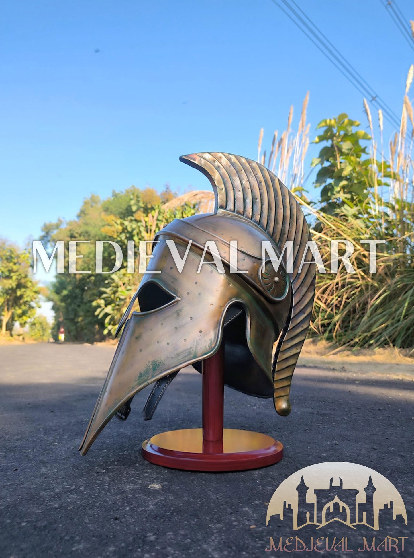 MEDIEVALMART Corinthian Greek Knight Crusader Spartan Helmet W/H Free Stand | 300 Props