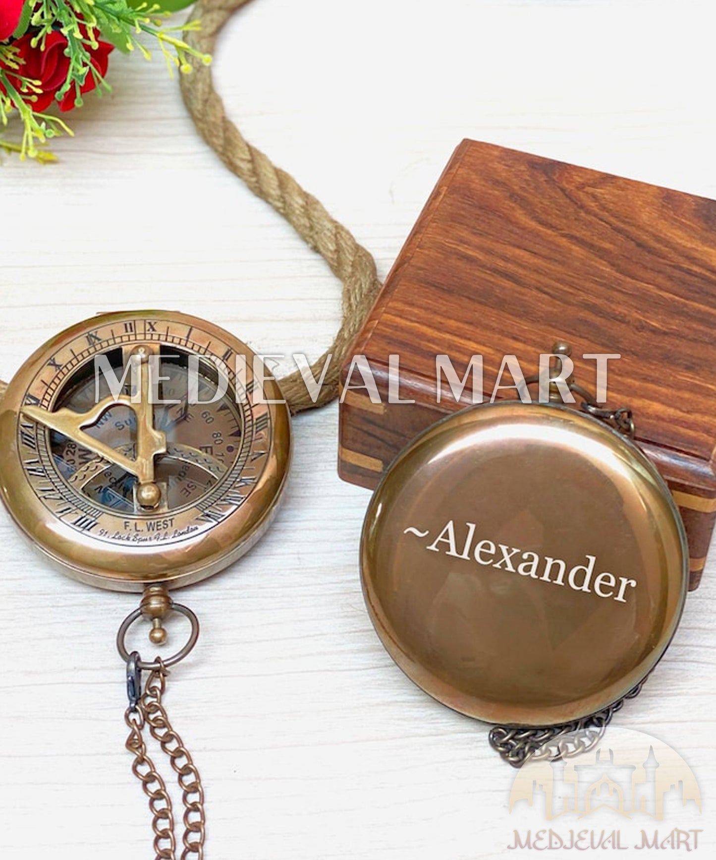 MEDIEVALMART Personalized Nautical Sundial Pocket Compass Antique Finish W/H Gen-1 Wooden Case | Gift For Mom