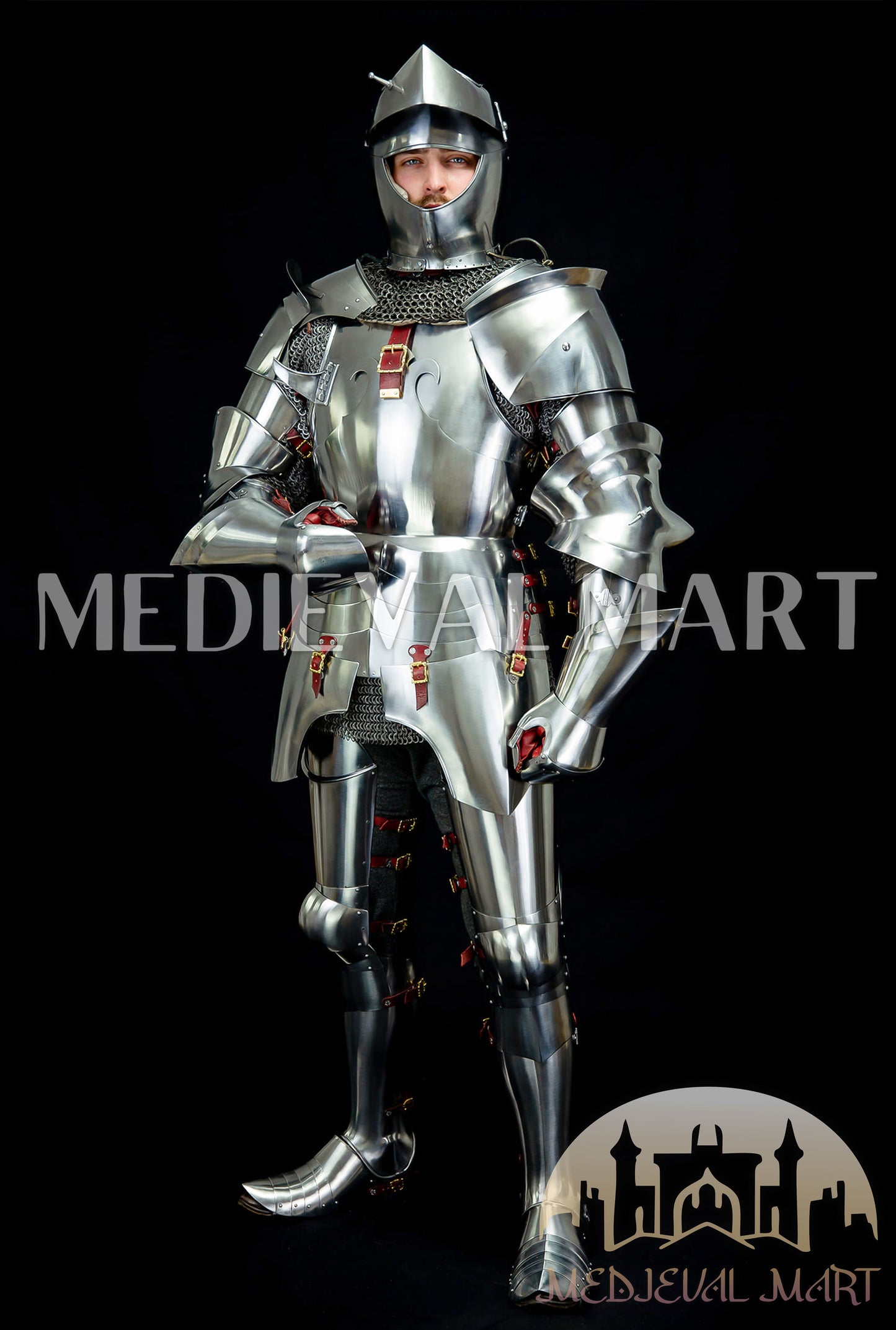 MEDIEVALMART 14th-Cen European English Hardend Steel Plate Armor Buff Polish W/H Houndskull Closed Bascinet