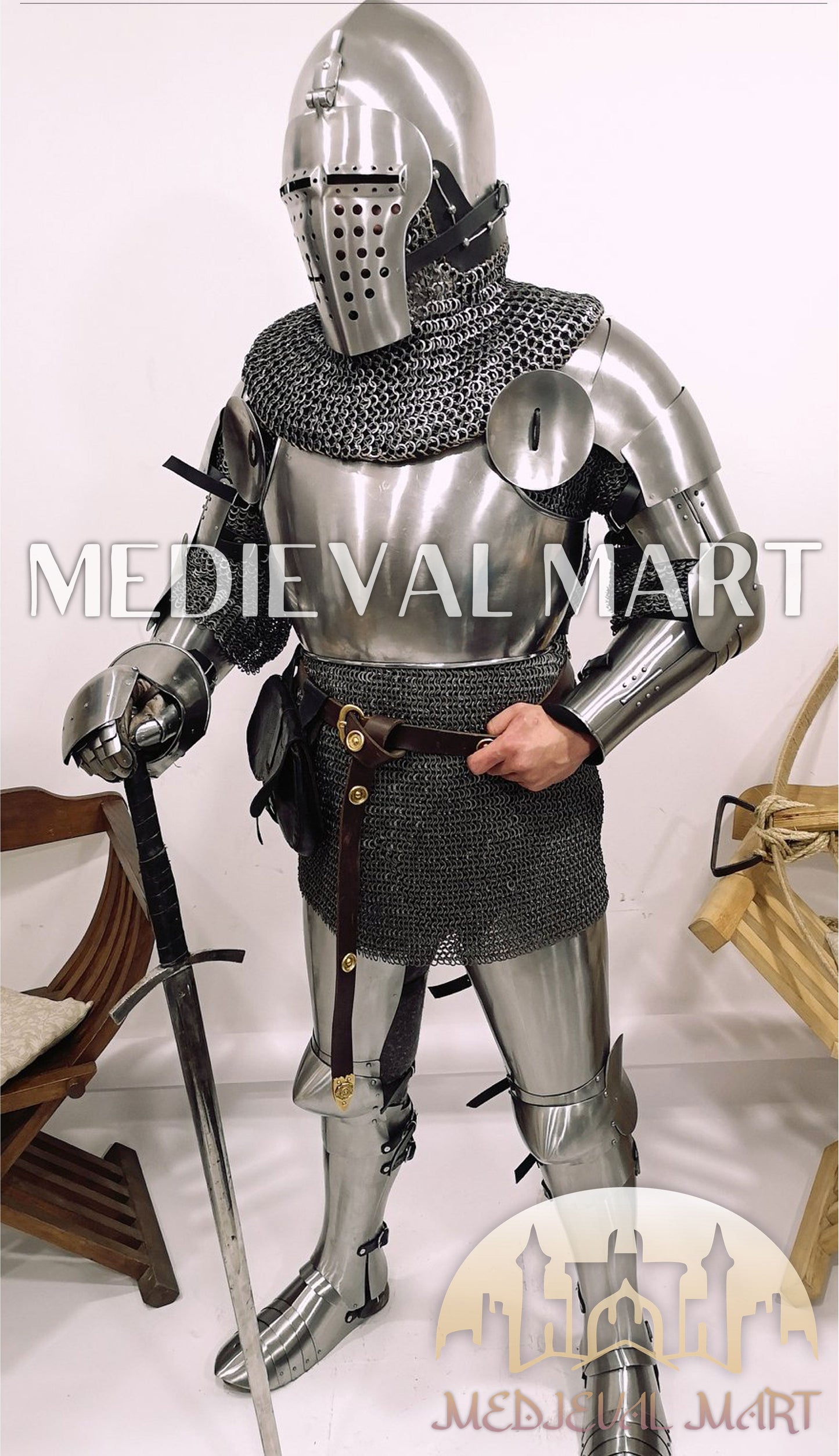 MEDIEVALMART 14th Century Combat Full set of Buhurt Armor Suit W/H Klappvisor Bascinet & Sword
