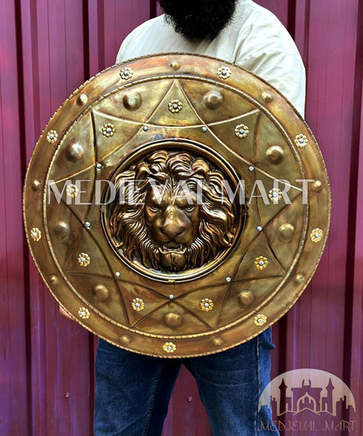 MEDIEVALMART Medieval Spartan Exclusive Gold Lion Face Shield W/H Black Finish | Gift for Dad