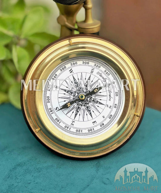 MEDIEVALMART Nautical Vintage Trip Gear Brass Compass Shiny Gold Finish W/H Wooden Base | Gift For Mom, Dad