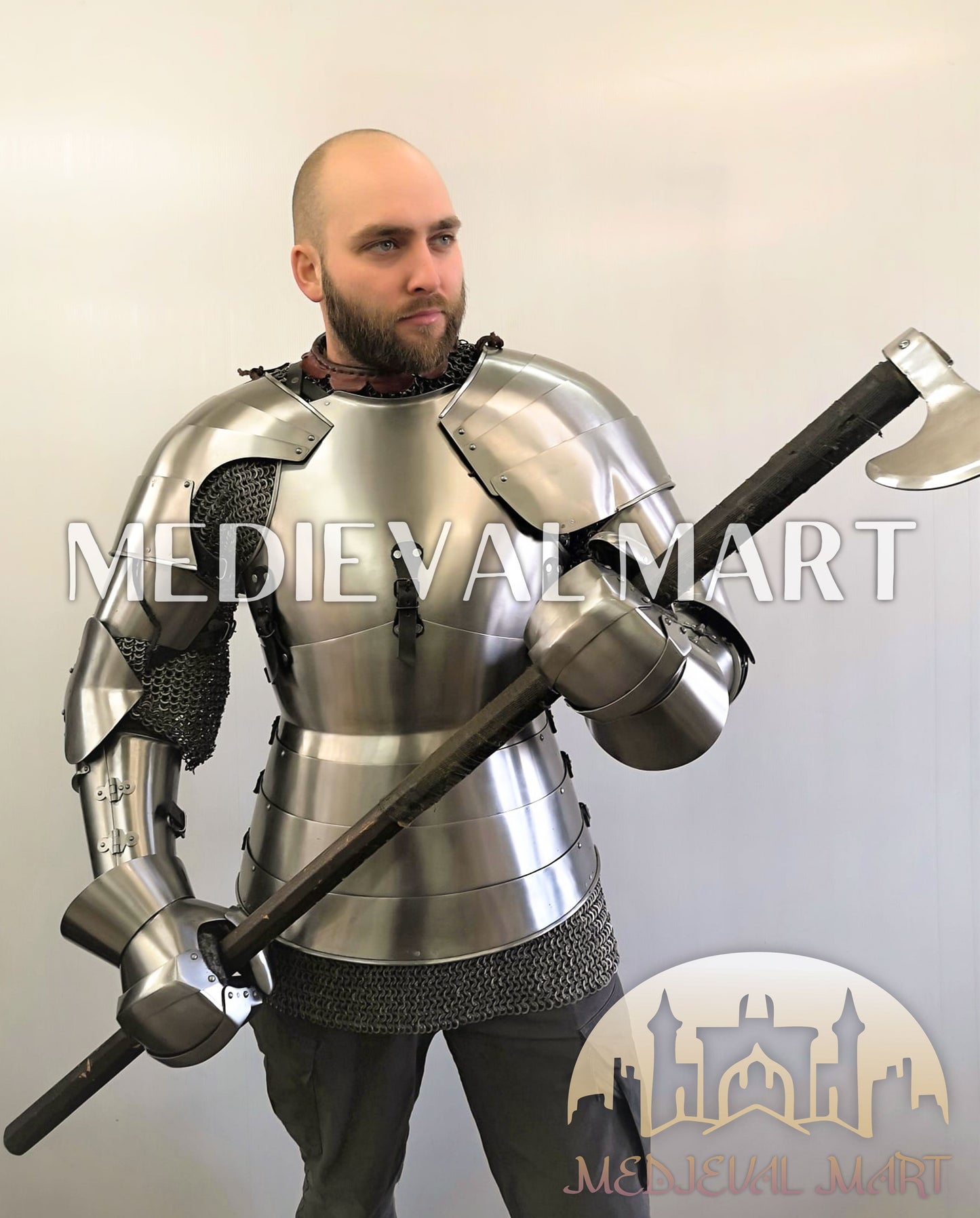MEDIEVALMART Medieval German Combat Sport Buhurt Battle Full Body Plate Armor Suit with Viking Axe Or Sword