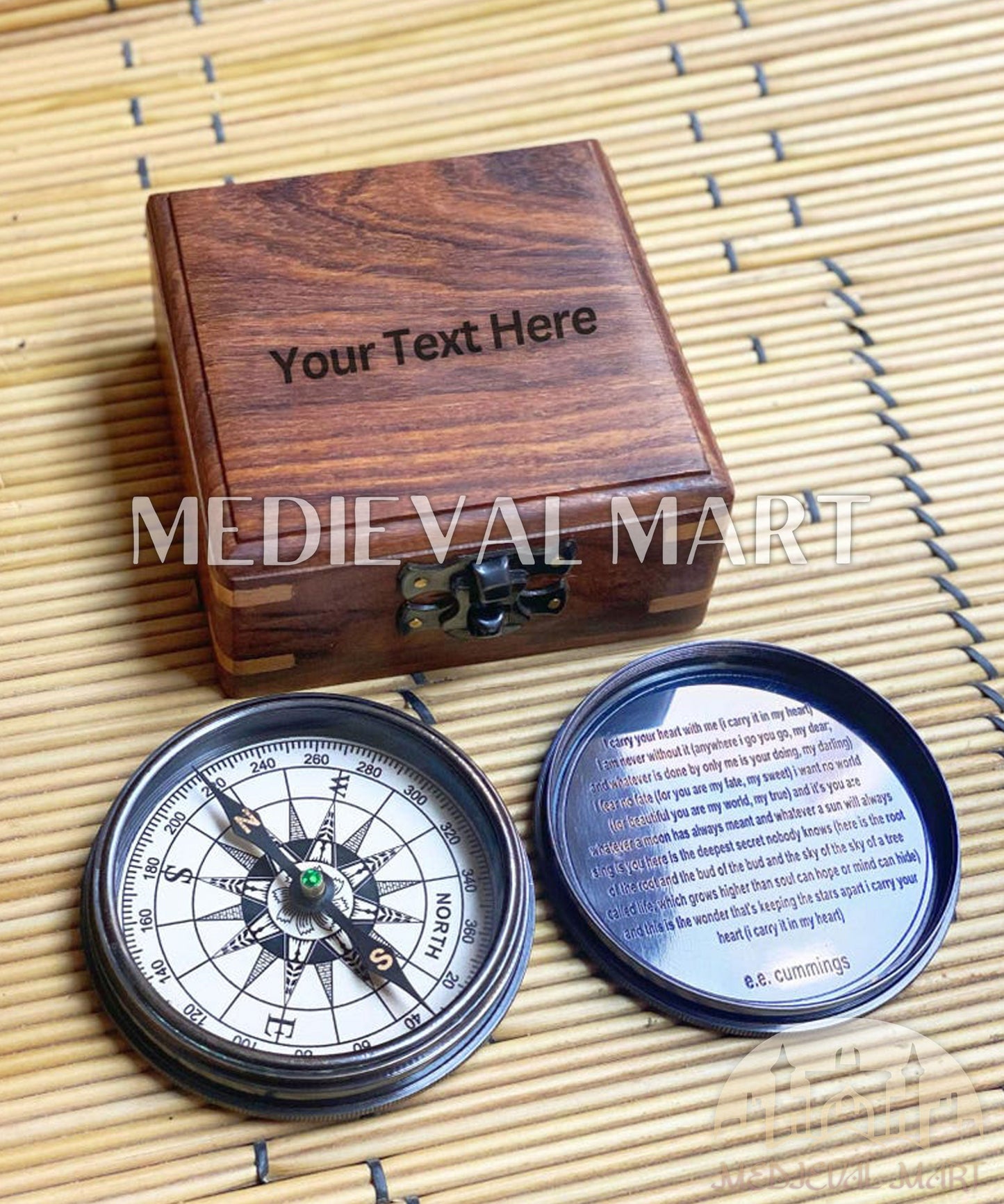 MEDIEVALMART Nautical Engrave Adventure Compass Black Finish W/H Gen-1 Wooden Case | Gift For Him