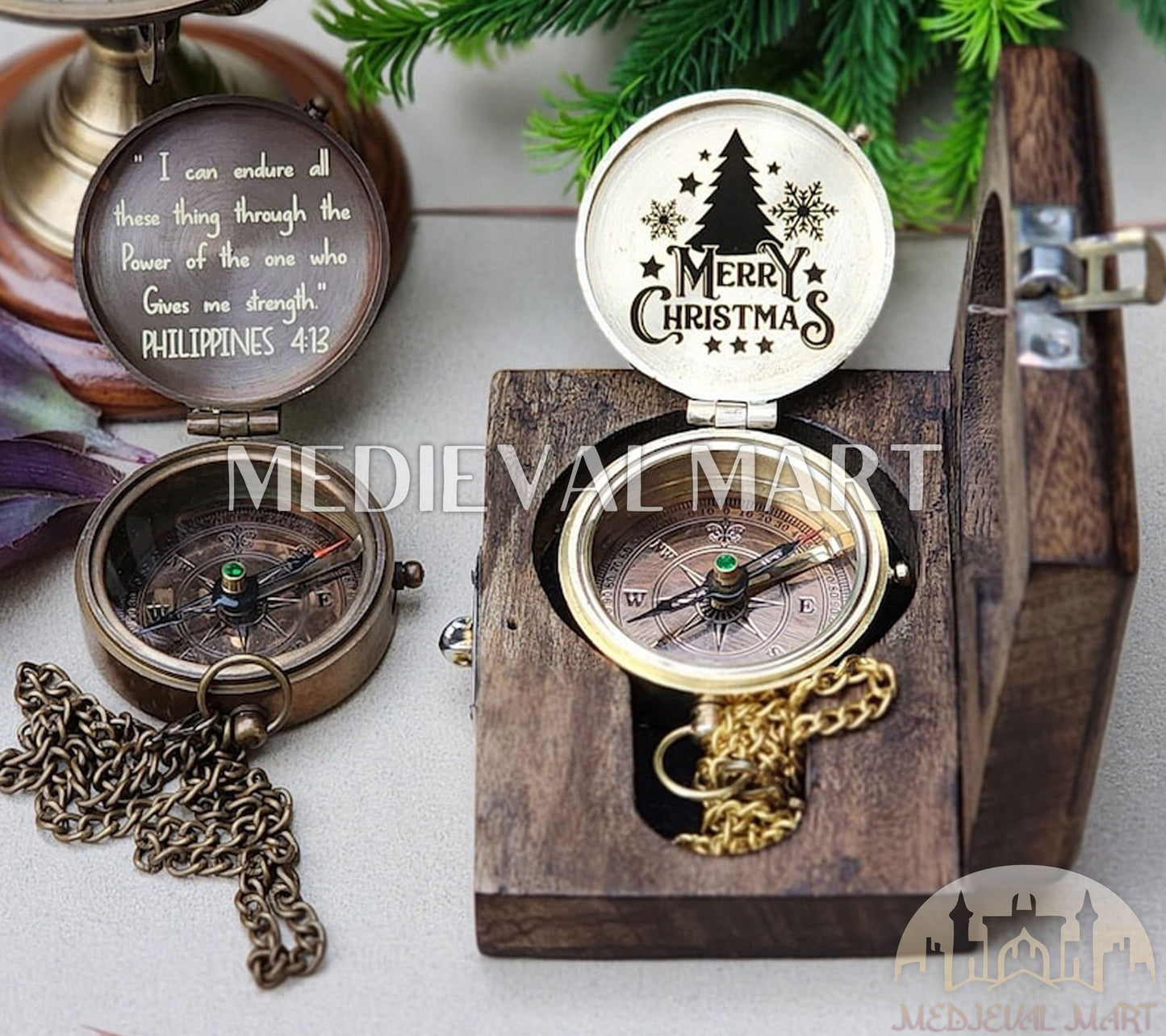 MEDIEVALMART Personalized Nautical Brass Compass Gold Or Bronze Finish W/H Gen-2 Wooden Case | Gift For Christmas