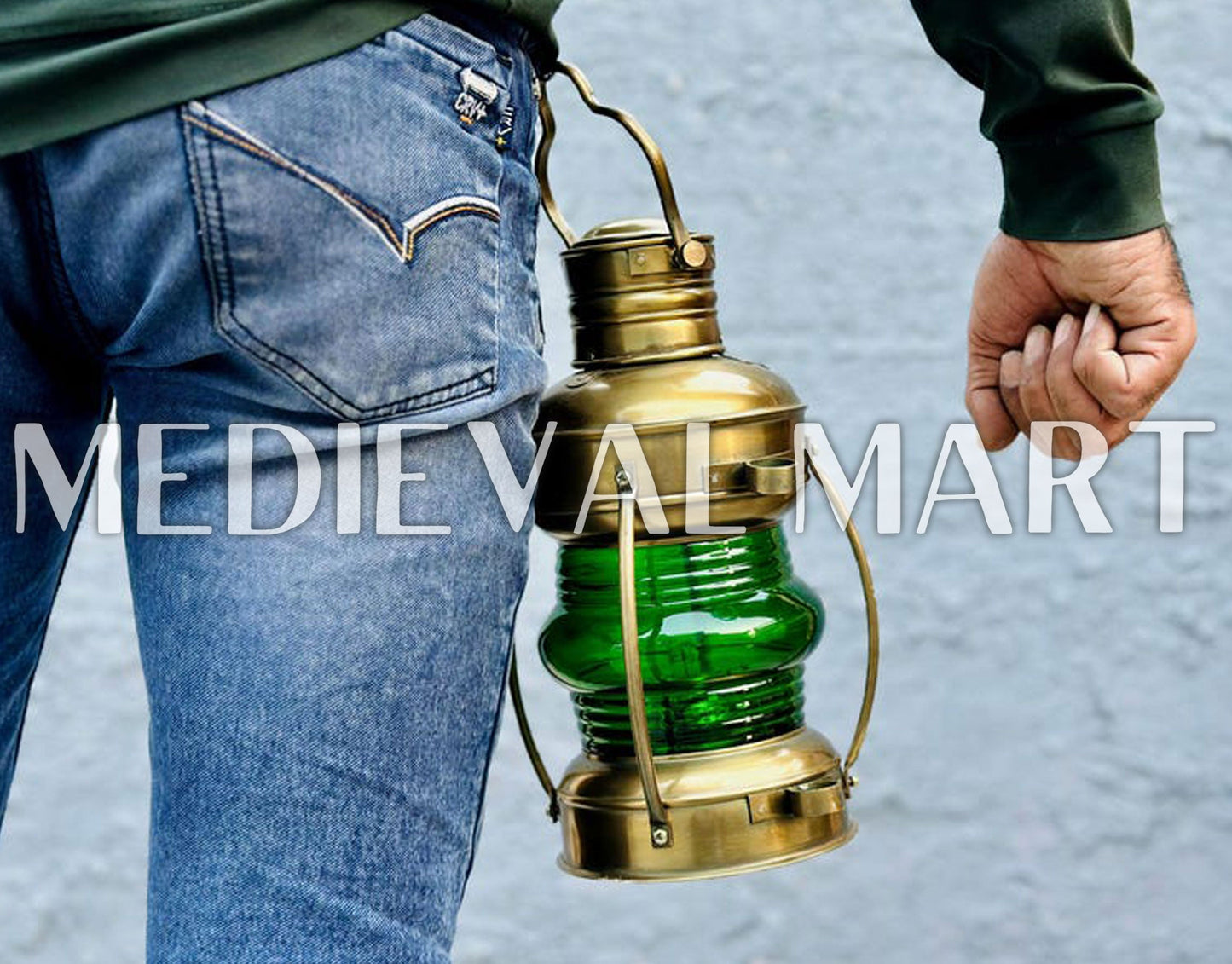MEDIEVALMART Nautical Vintage Brass Green Glass Ship Oil Lamp - Personal Engraving Marine Lantern
