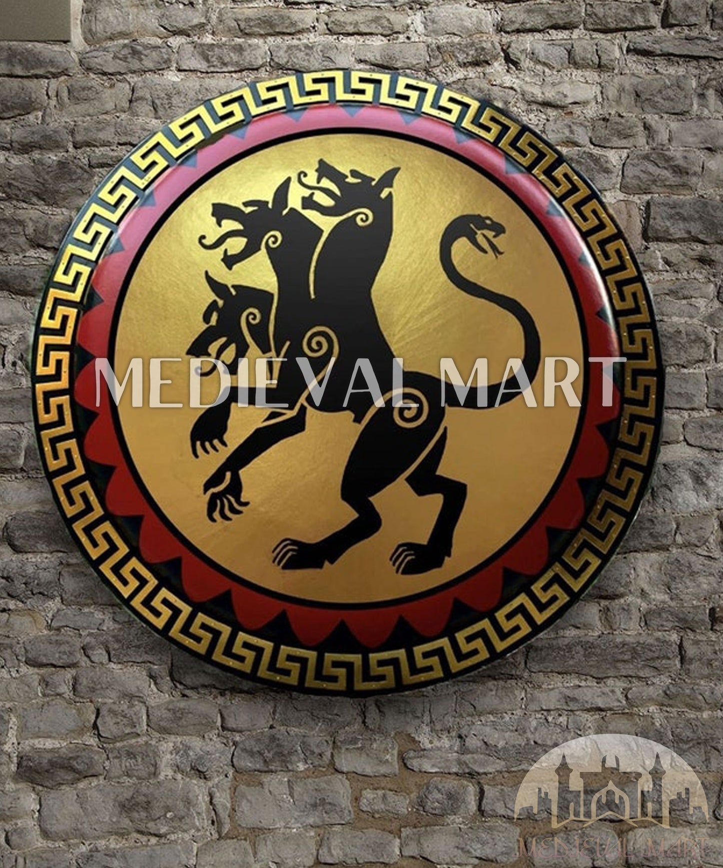 MEDIEVALMART Iconic Cerberus (Hound of Hades) Ancient Greek Hoplite Battleworn Metal/Brass Shield | Gifts For Dad