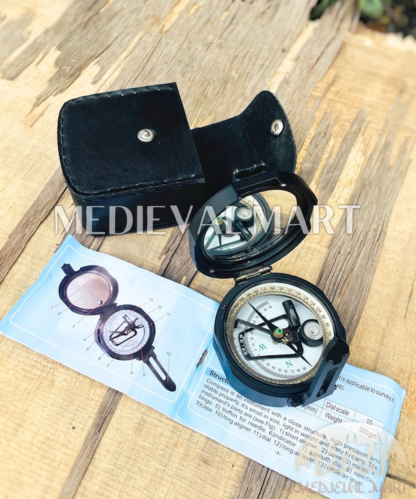 MEDIEVALMART Nautical Brass Brunton Working Compass Black Finish W/H Leather Case | Gift For Him