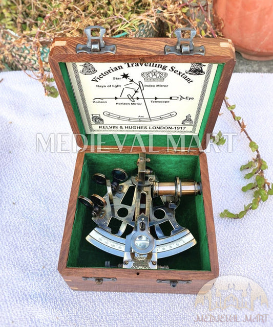 MEDIEVALMART Nautical Kelvin & Huges London 1917 Working Sextant W/H Wooden Box | Antique Maritime Navigational Instrument, Christmas Gifts