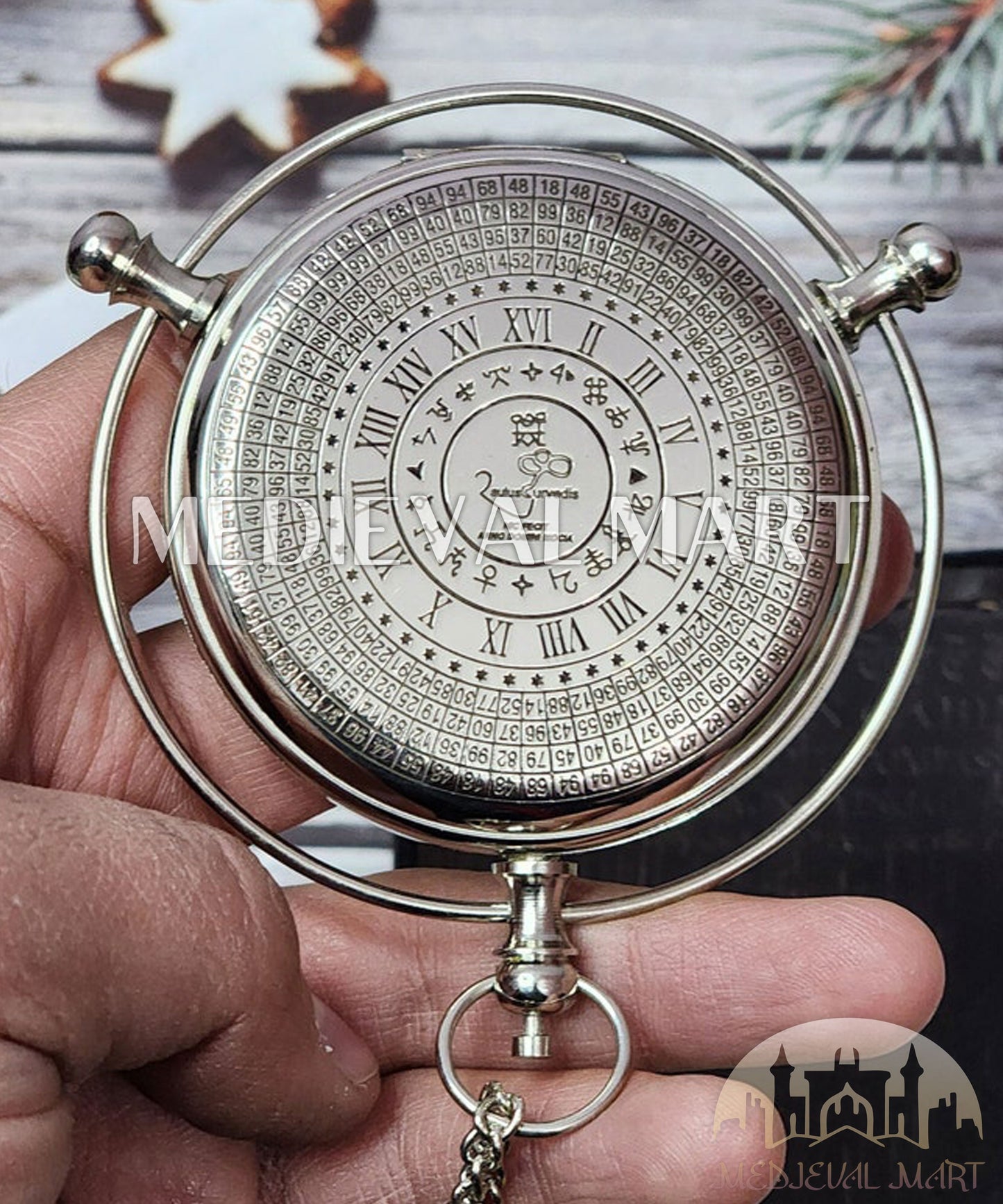 MEDIEVALMART Alethiometer Inspired Engraved Brass Pocket Compass Gold Finish W/H Leather Case | Gift For Mom, Dad