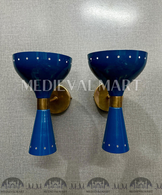 MEDIEVALMART 1950's Brass Cone Wall Sconce: Mid Century Modern Vanity Light - Shiny Blue