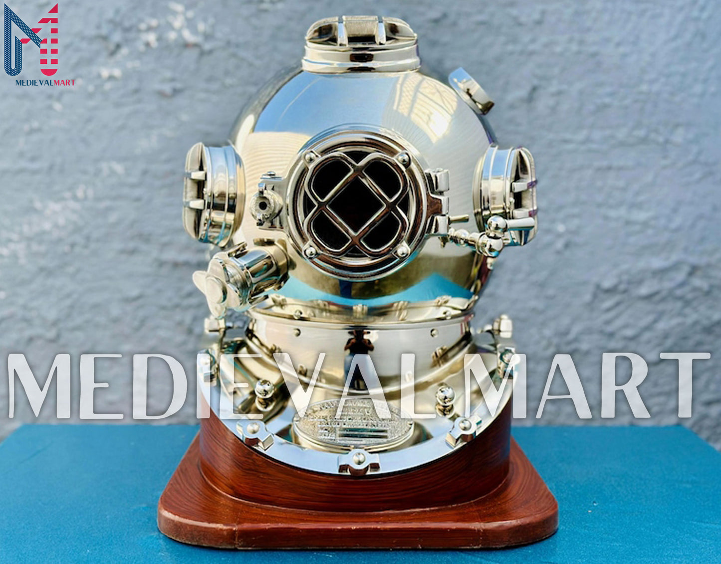 MEDIEVALMART Nautical Chrome Plated Diving Helmet With Wooden Base