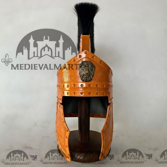 CASQUE MEDIEVALMART Médiéval Romain Centurion Finition Orange avec Panache Noir ou Support en Bois Offert