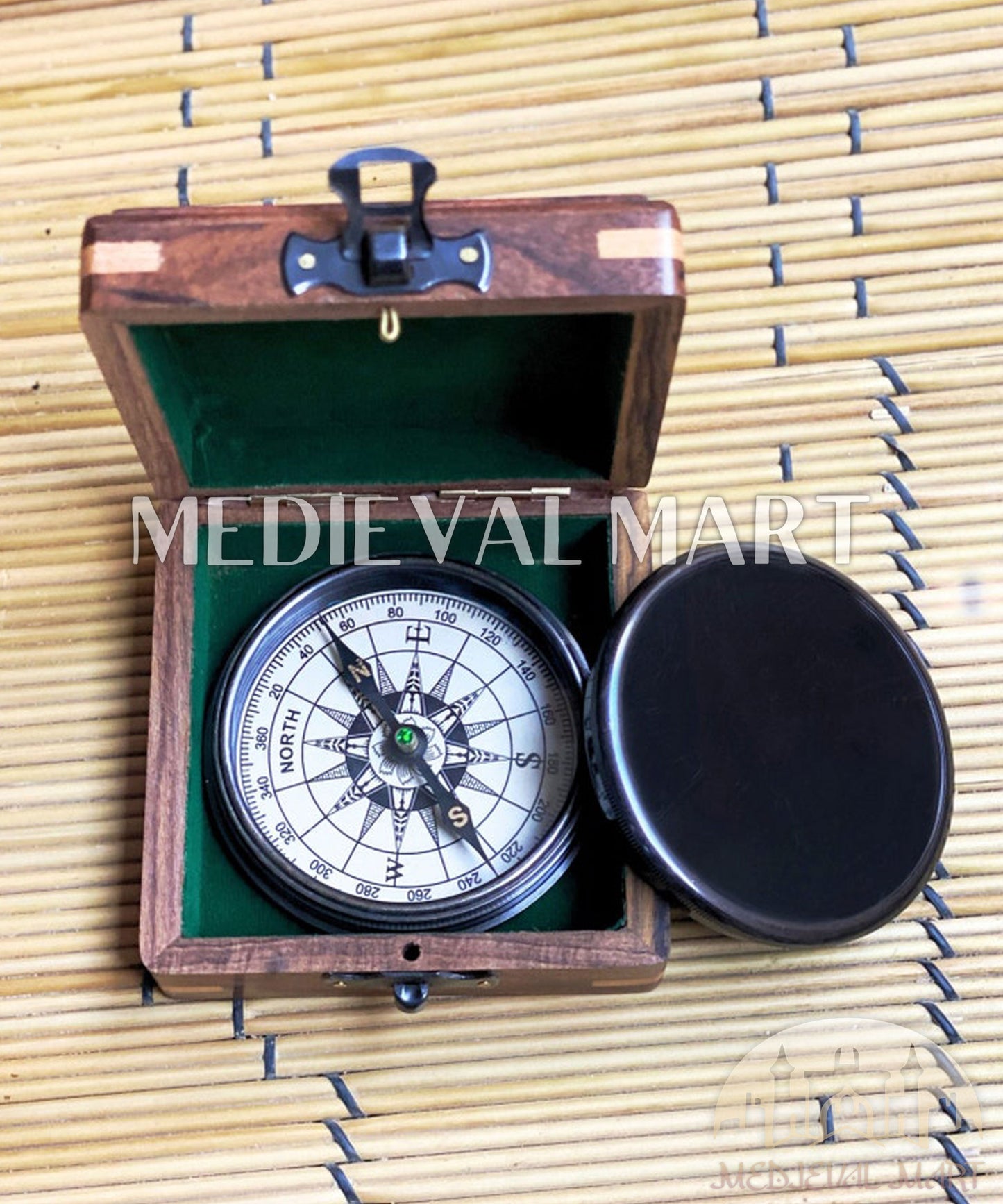 MEDIEVALMART Nautical Engrave Adventure Compass Black Finish W/H Gen-1 Wooden Case | Gift For Him