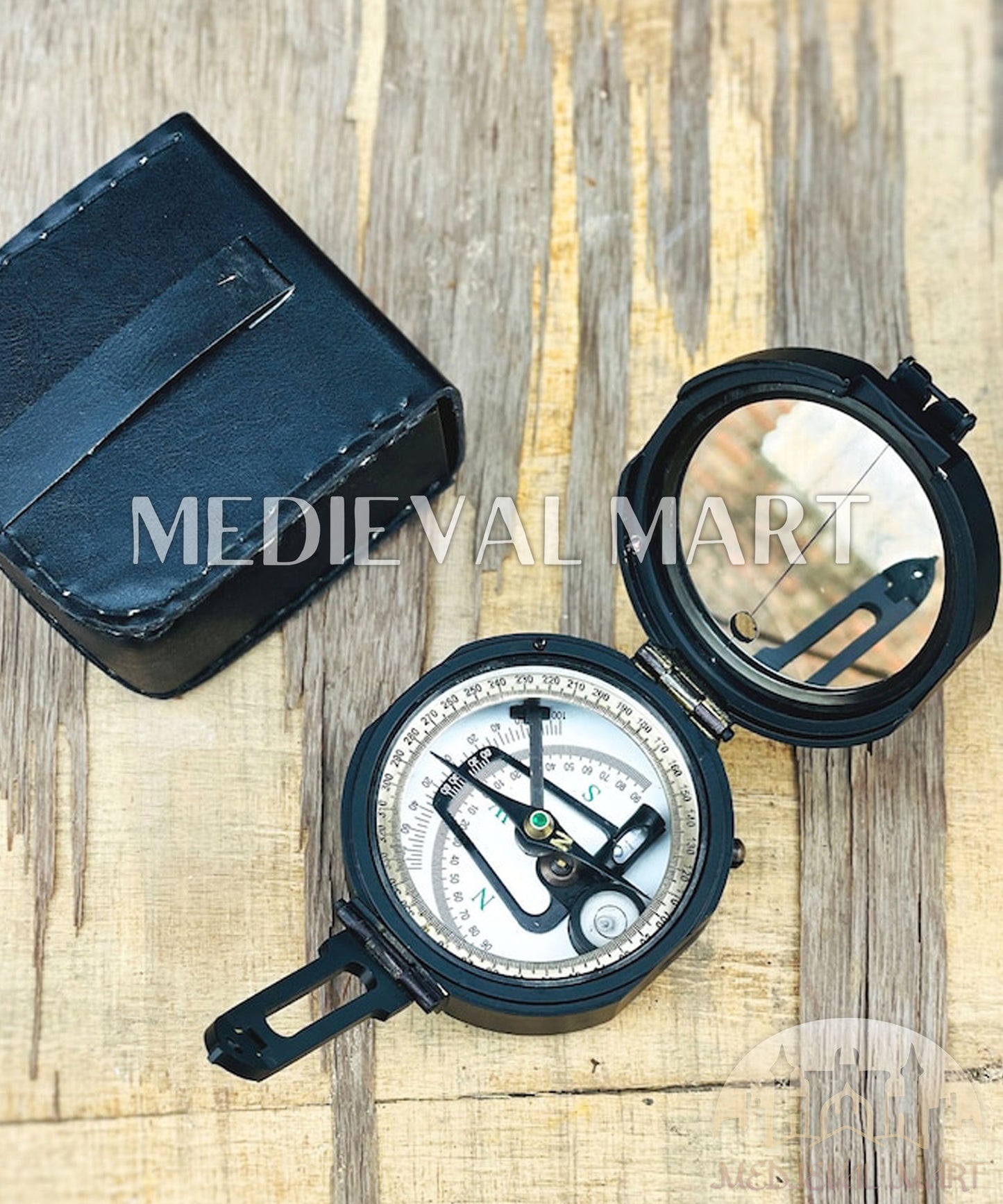 MEDIEVALMART Nautical Brass Brunton Working Compass Black Finish W/H Leather Case | Gift For Him