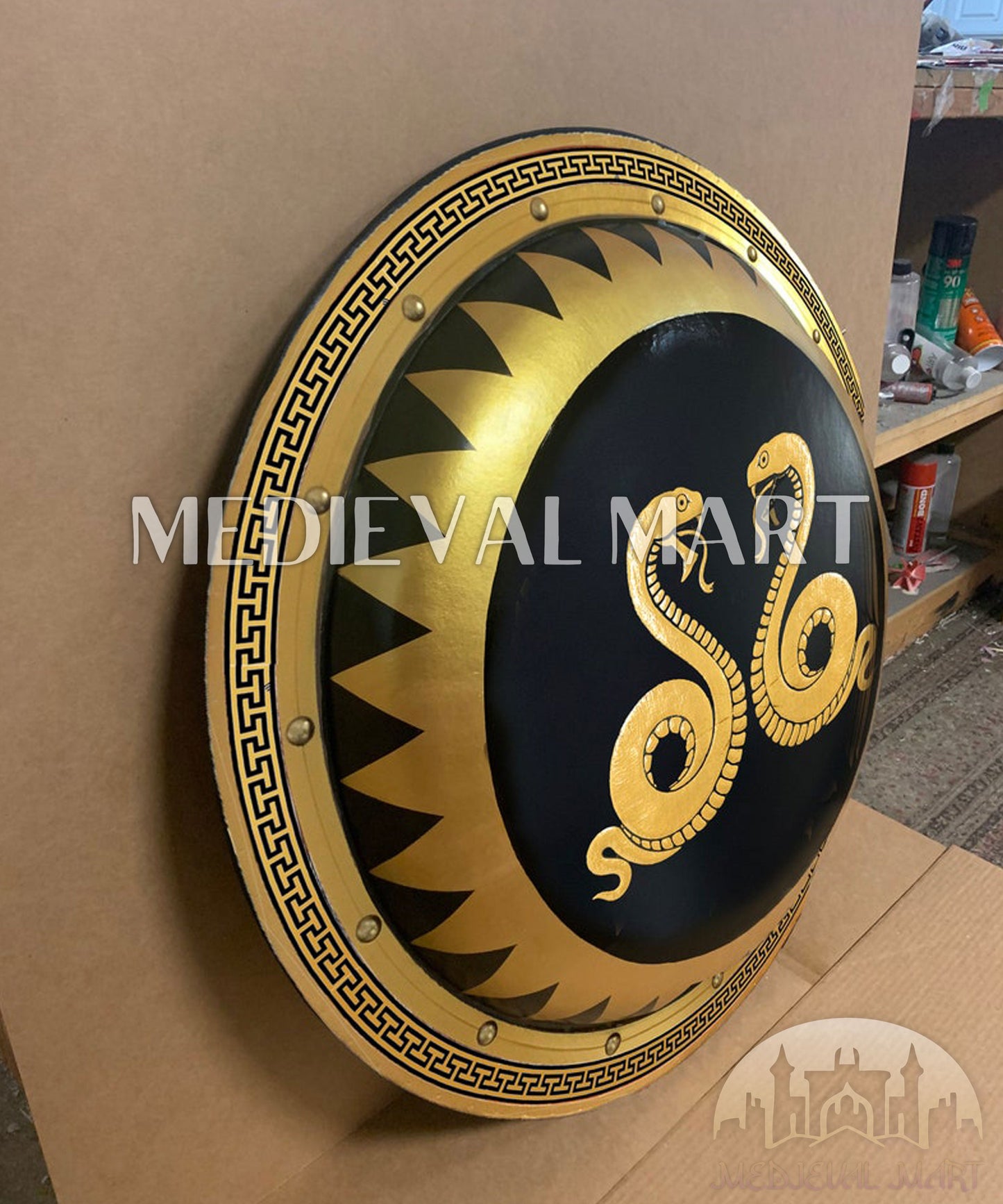 MEDIEVALMART Iconic Syracuse Ancient Greek Hoplite Battleworn Metal/Brass Shield | Gifts For Dad