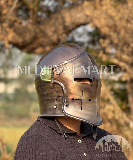 MEDIEVALMART Medieval Knight Armor 18g Mild Steel Burnished Antique Finish Barbuta Helmet for LARP or Cosplay - Gift For Dad