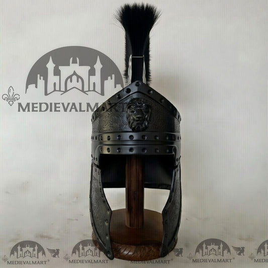 MEDIEVALMART Casque de centurion romain médiéval finition noire avec panache noir ou support en bois gratuit