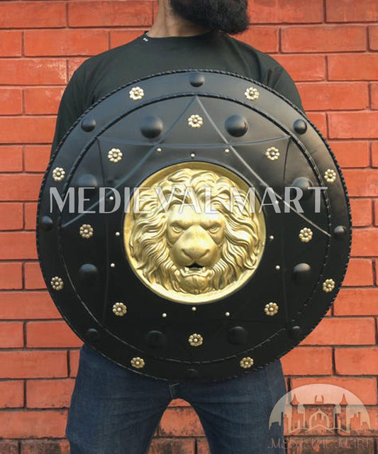 MEDIEVALMART Medieval Lion Face Spartan Shield W/H Black Finish | Gift For Dad