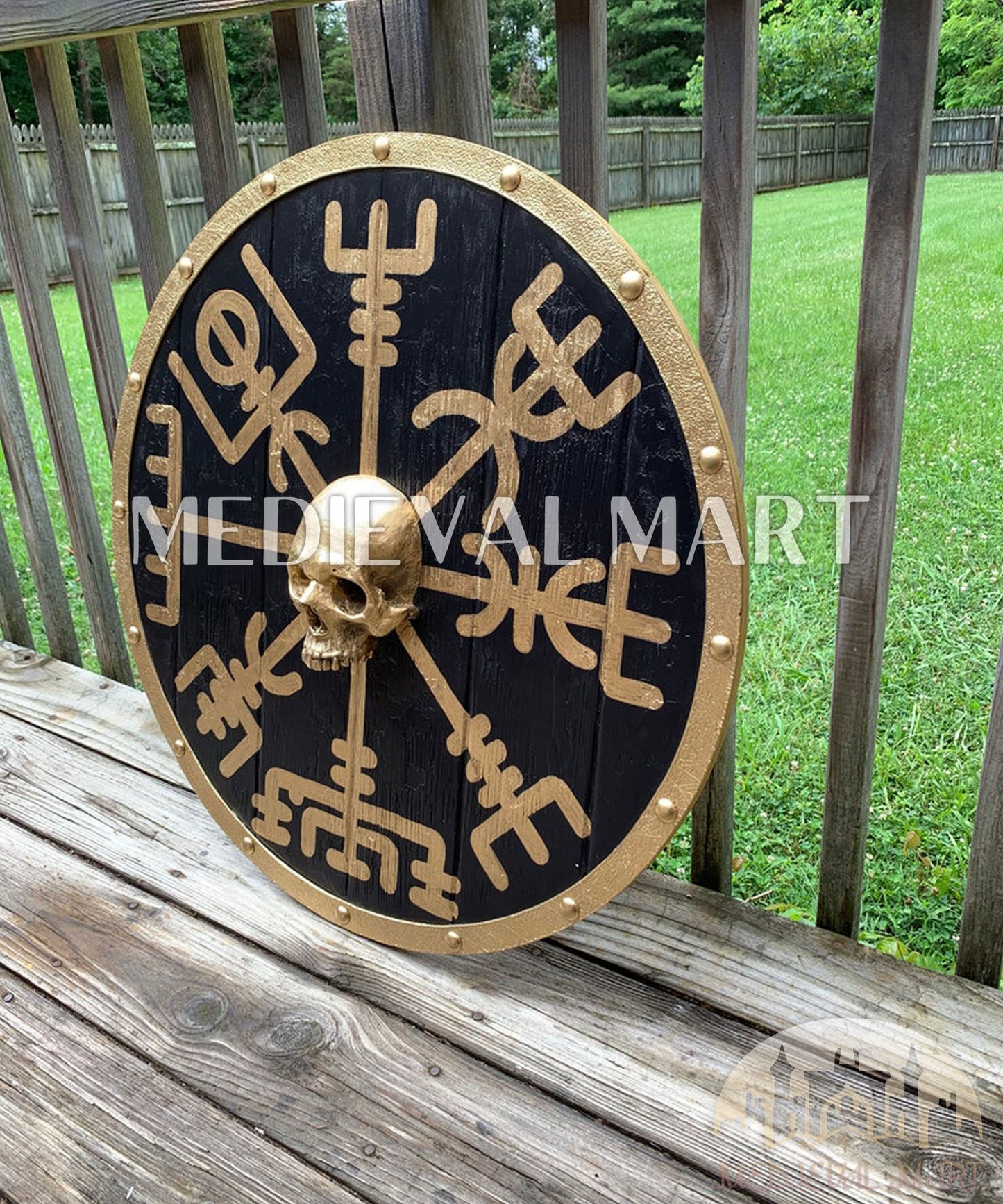MEDIEVALMART Viking's Iconic Vegvisir Skull and Compass Battleworn Viking Wooden Shield | Gifts For Dad