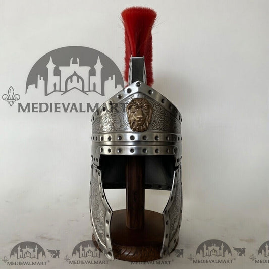 MEDIEVALMART Casque de centurion romain médiéval finition argentée avec panache rouge ou support en bois gratuit