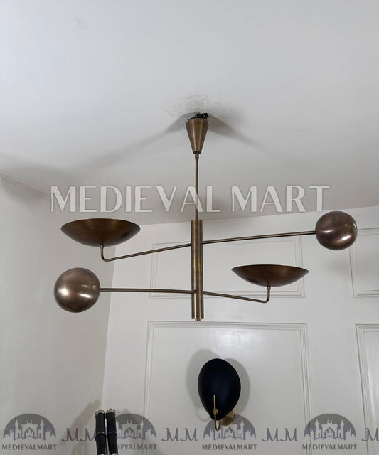 MEDIEVALMART Antique Italian Brass Mid Century Modern Chandelier | 2-Light Counterweight Fixture