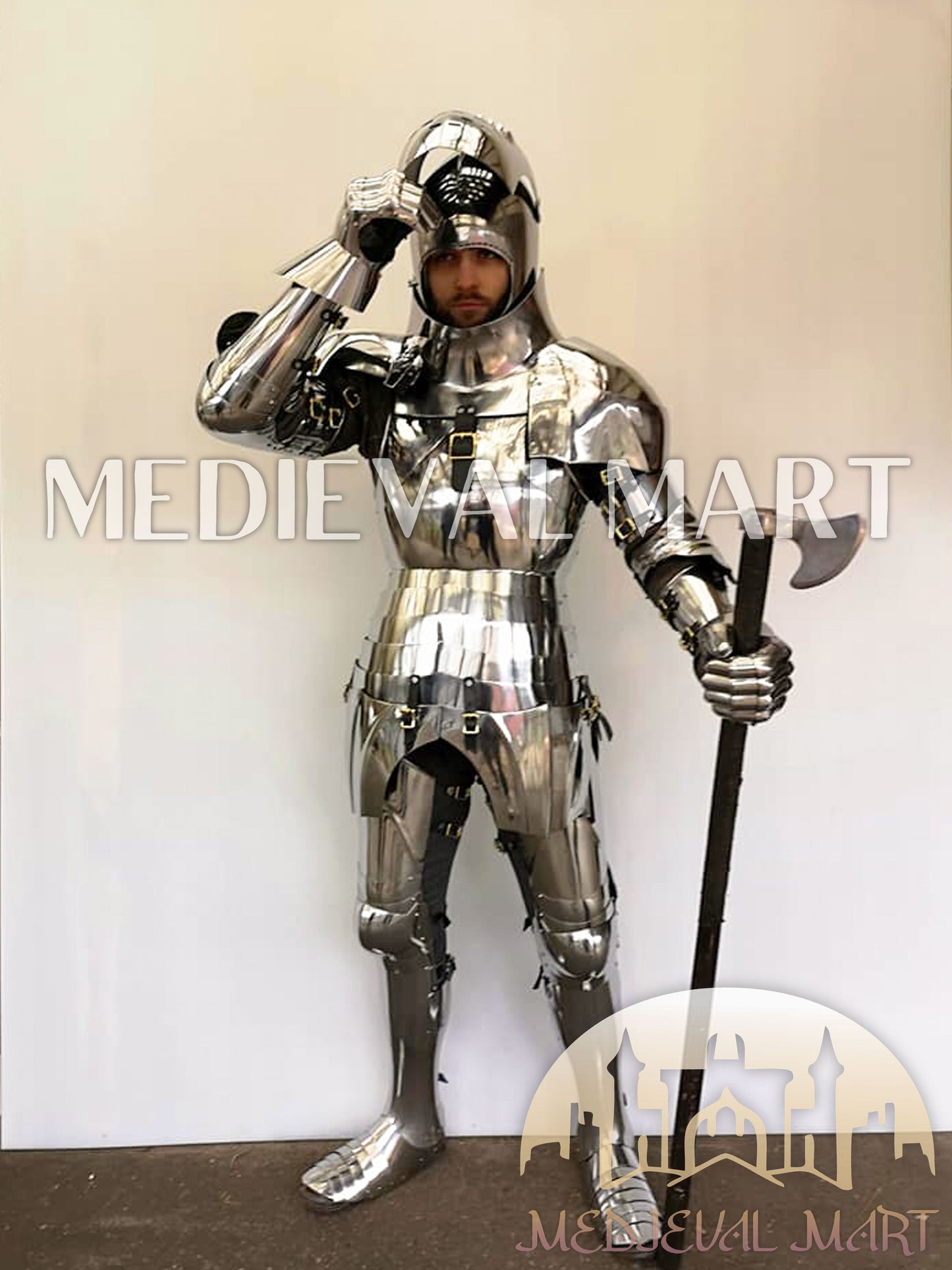 MEDIEVALMART Medieval knight Full Plate Customised English Body Armor With Viking Axe Weapon