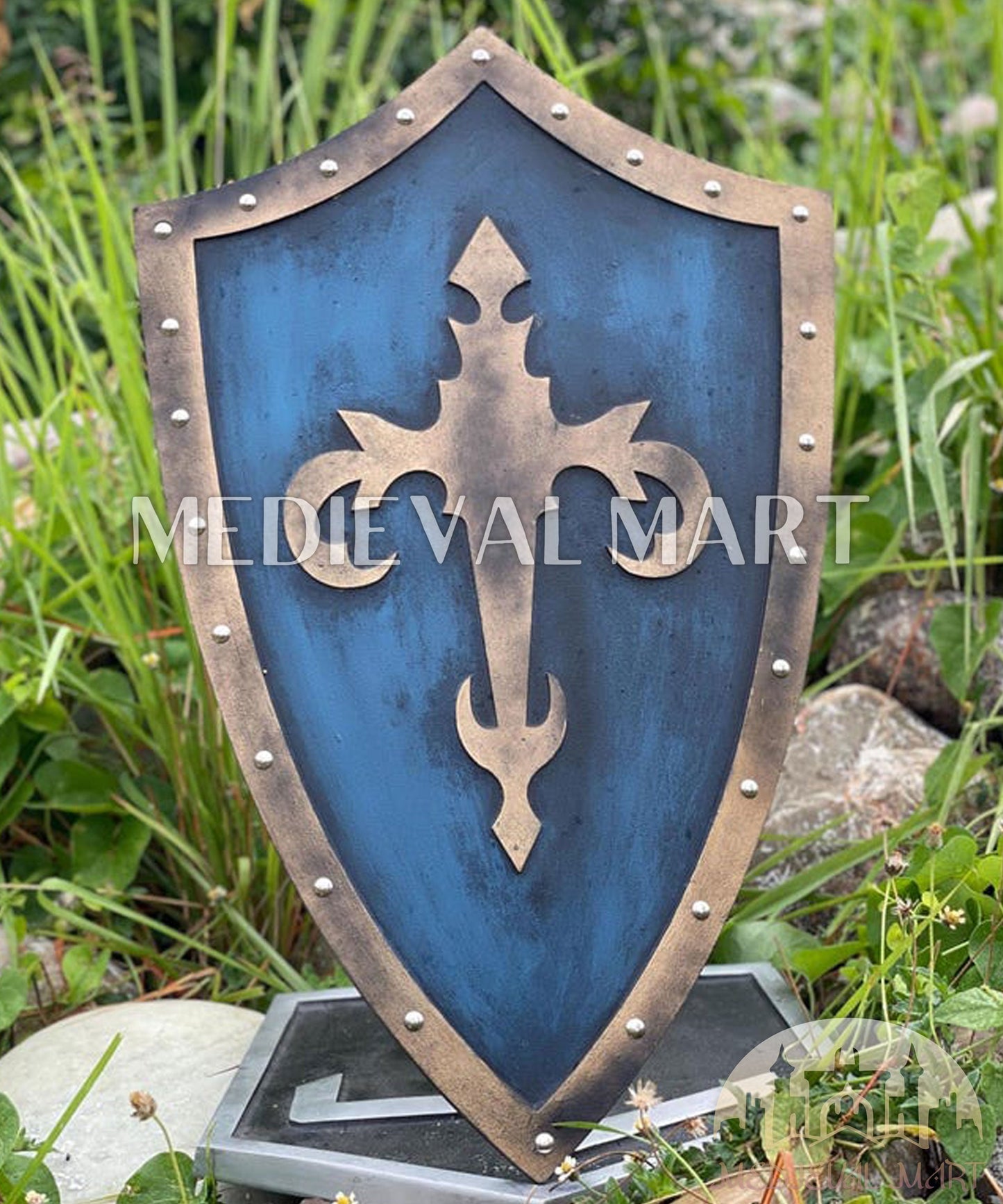 MEDIEVALMART Medieval Templar Devil Zelda Cross Inspired Wooden Shield Bliue & Gold Finish | Gift for Christmas Day
