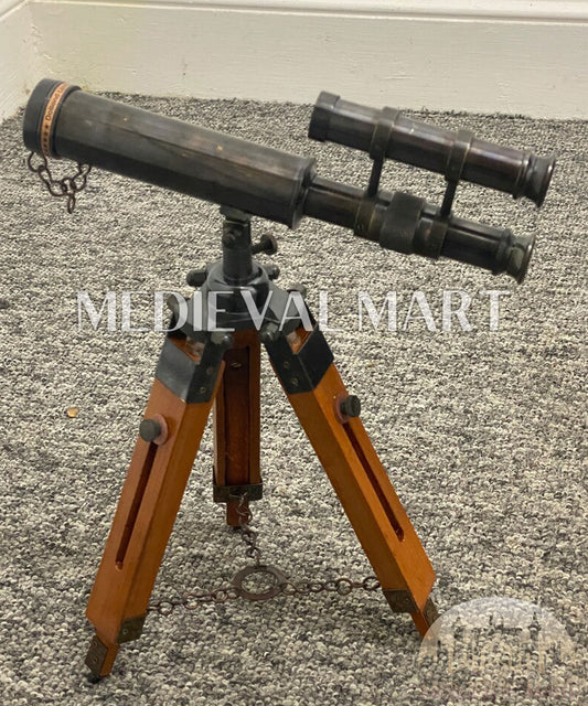 MEDIEVALMART Nautical Telescope 10 Inch Double Barrel Solid Brass Spyglass With Wooden Tripod